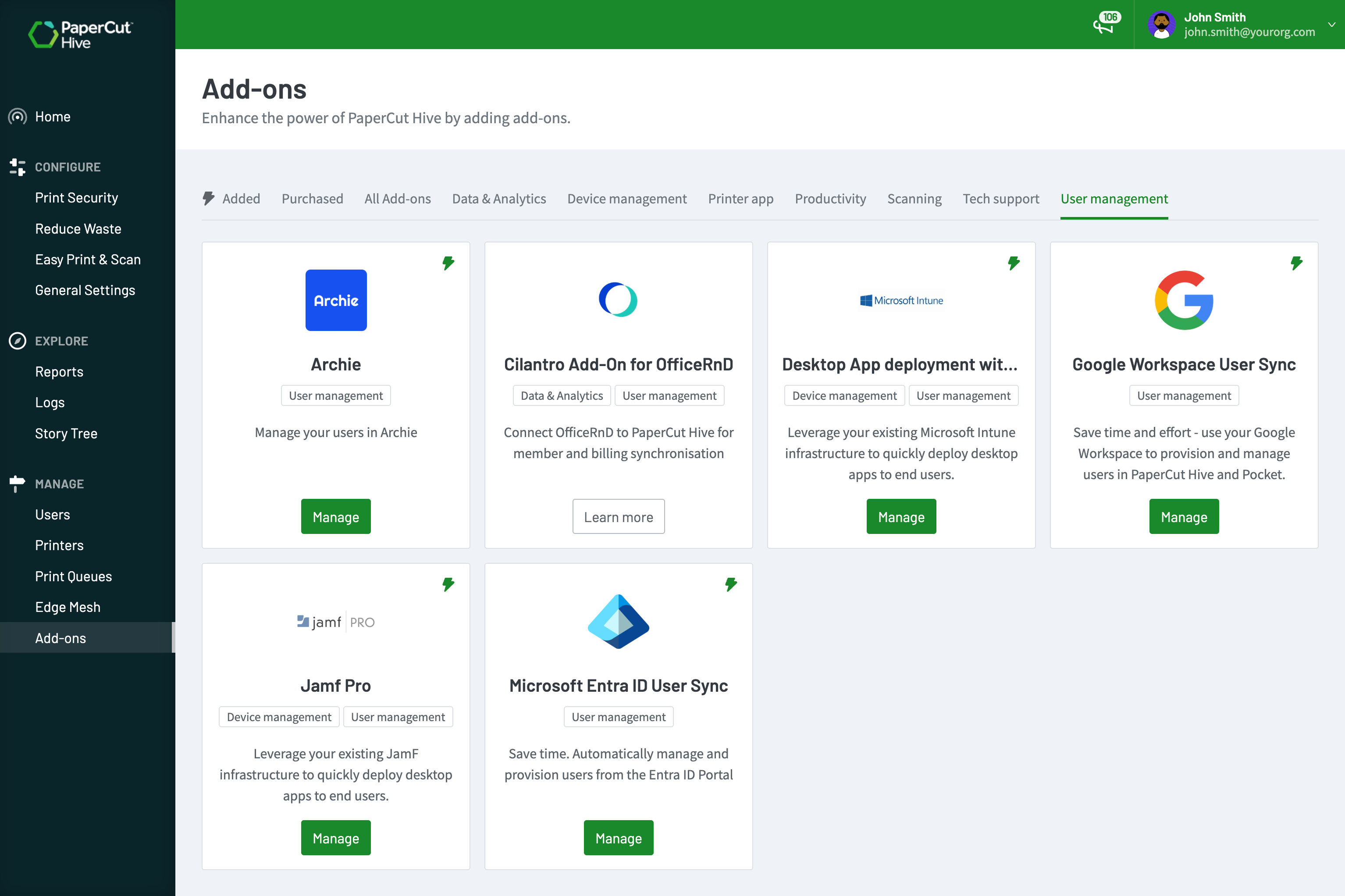 User management add ons available in PaperCut Hive