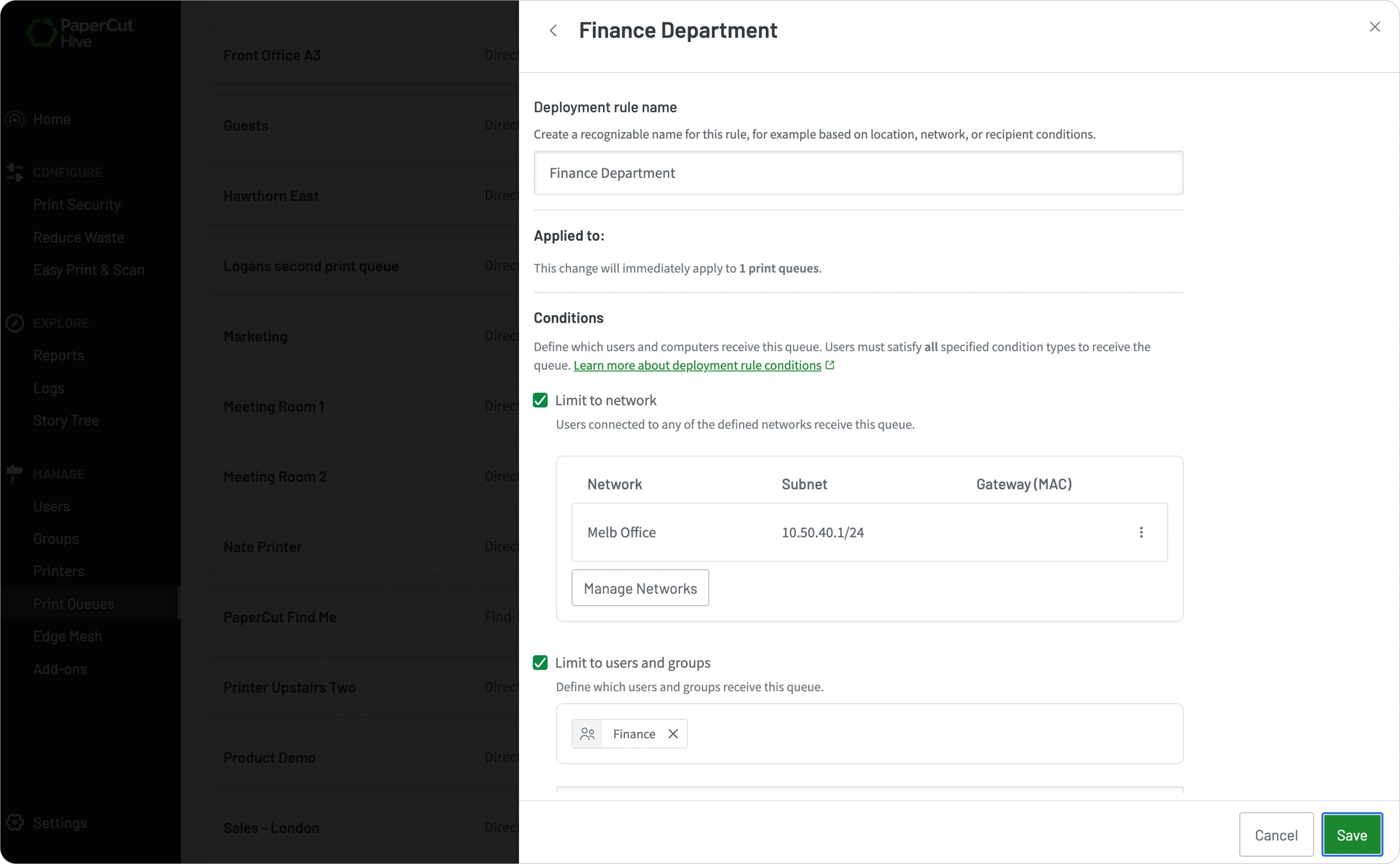 A screenshot showing the configuration of a deployment rule