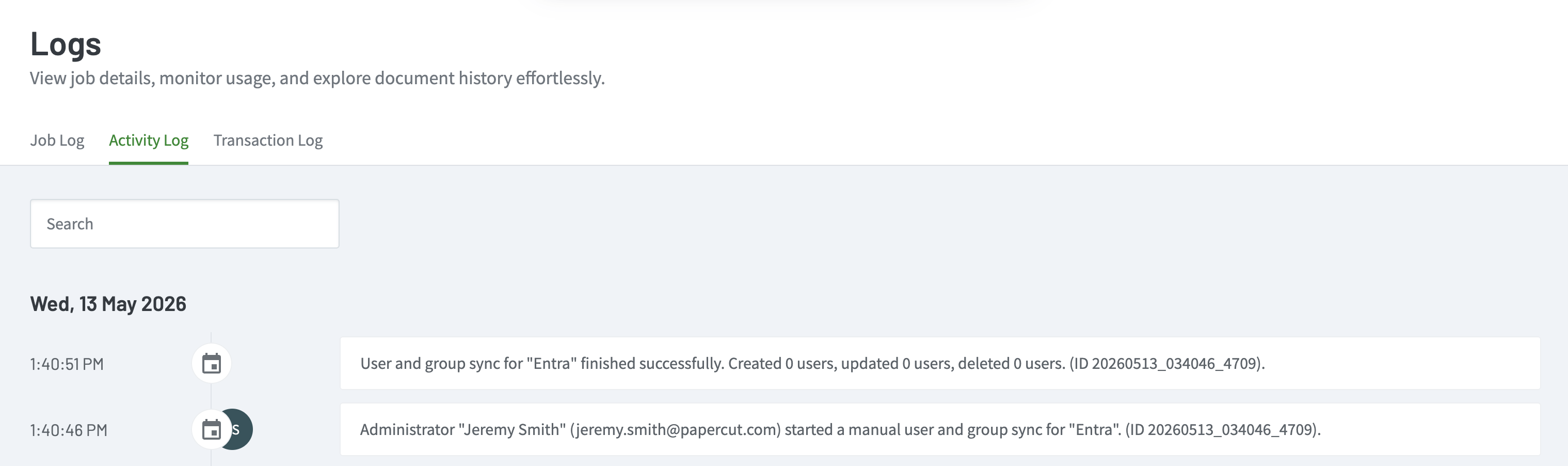 Log records for User and group sync