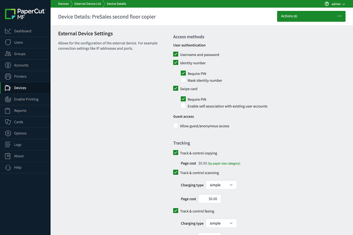 The PaperCut MF admin interface settings page where the administrator can configure the Single Sign on options for Microsoft and Google.