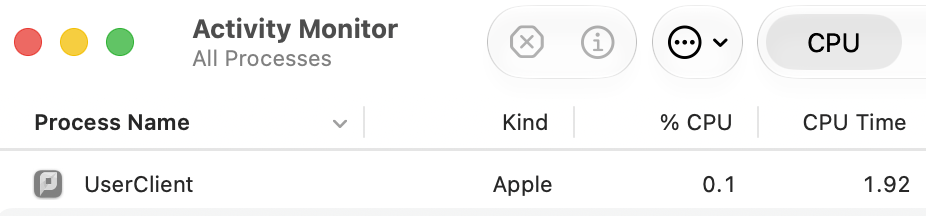 Screenshot showing the updated PaperCut User Client process in Activity Monitor, showing that it's an Apple app