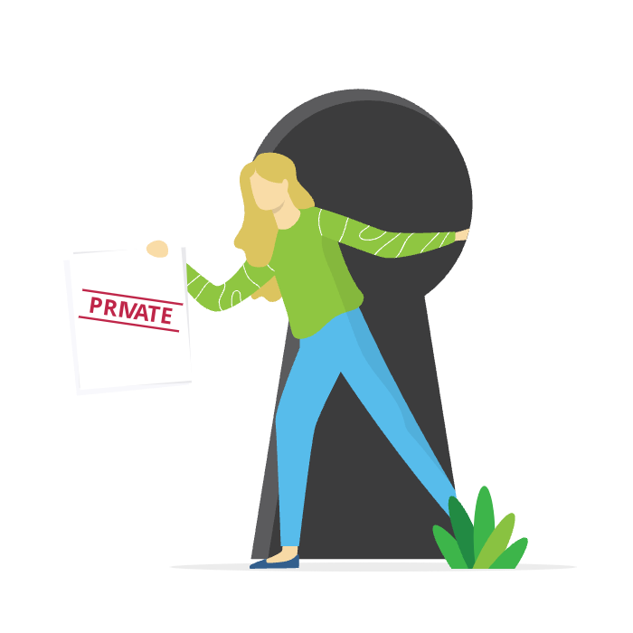 woman in keyhole with private sign