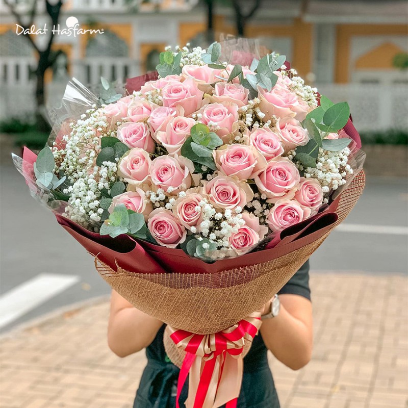 Bó Hoa Dịu Ngọt Yêu Thương 163 Hoa Hồng Rose Sweet Avalanche Premium Hoa Baby Gypsophila Dalat Hasfarm bó hoa 50 cành hồng