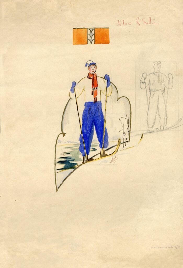 Romans Suta. Slēpotājs. Skice vāzei. 20. gs. 30. gadi. Papīrs, tuša, akvarelis. SBM kolekcija. Publicitātes foto.