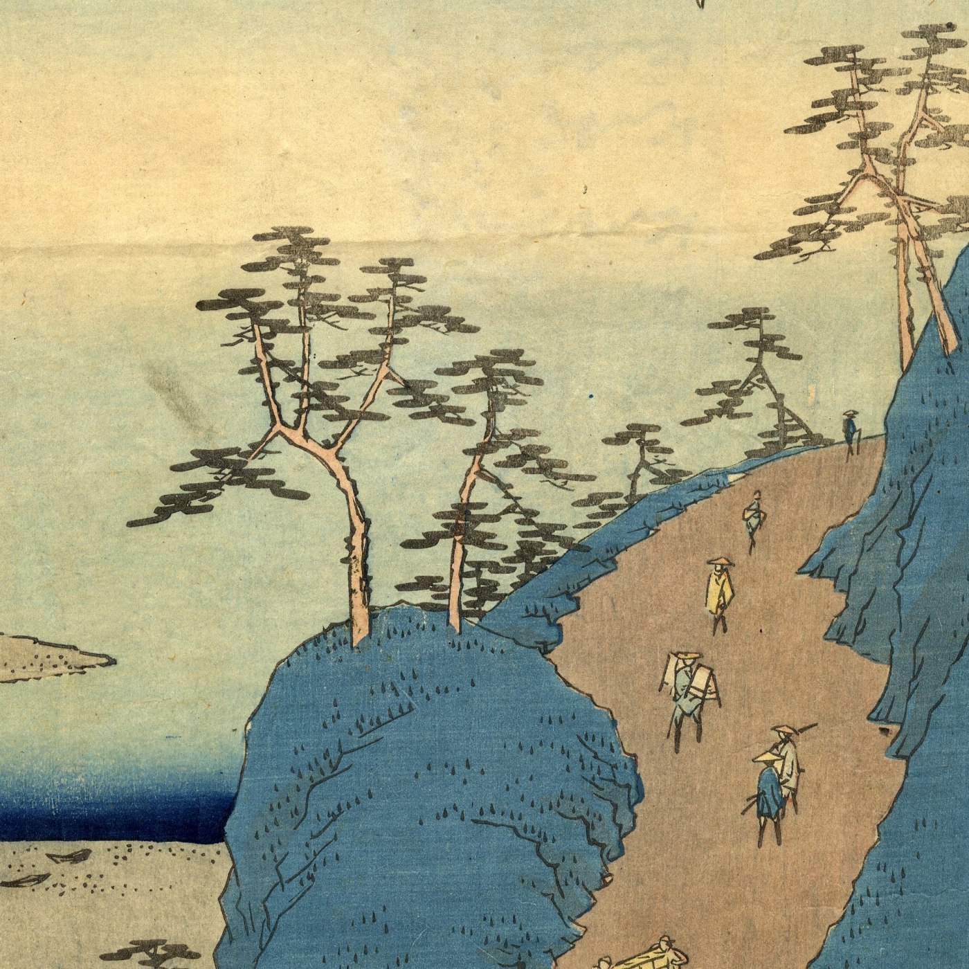 Utagava Hirošige (Utagawa Hiroshige, 1797–1858). Nr. 33. Širasuka: Šiomi nogāzes ainava, vertikālais Tōkaidō. 1855. Papīrs, krāsains kokgriezums (ņišiki-e). LNMM kolekcija. Publicitātes foto. Izgriezums.