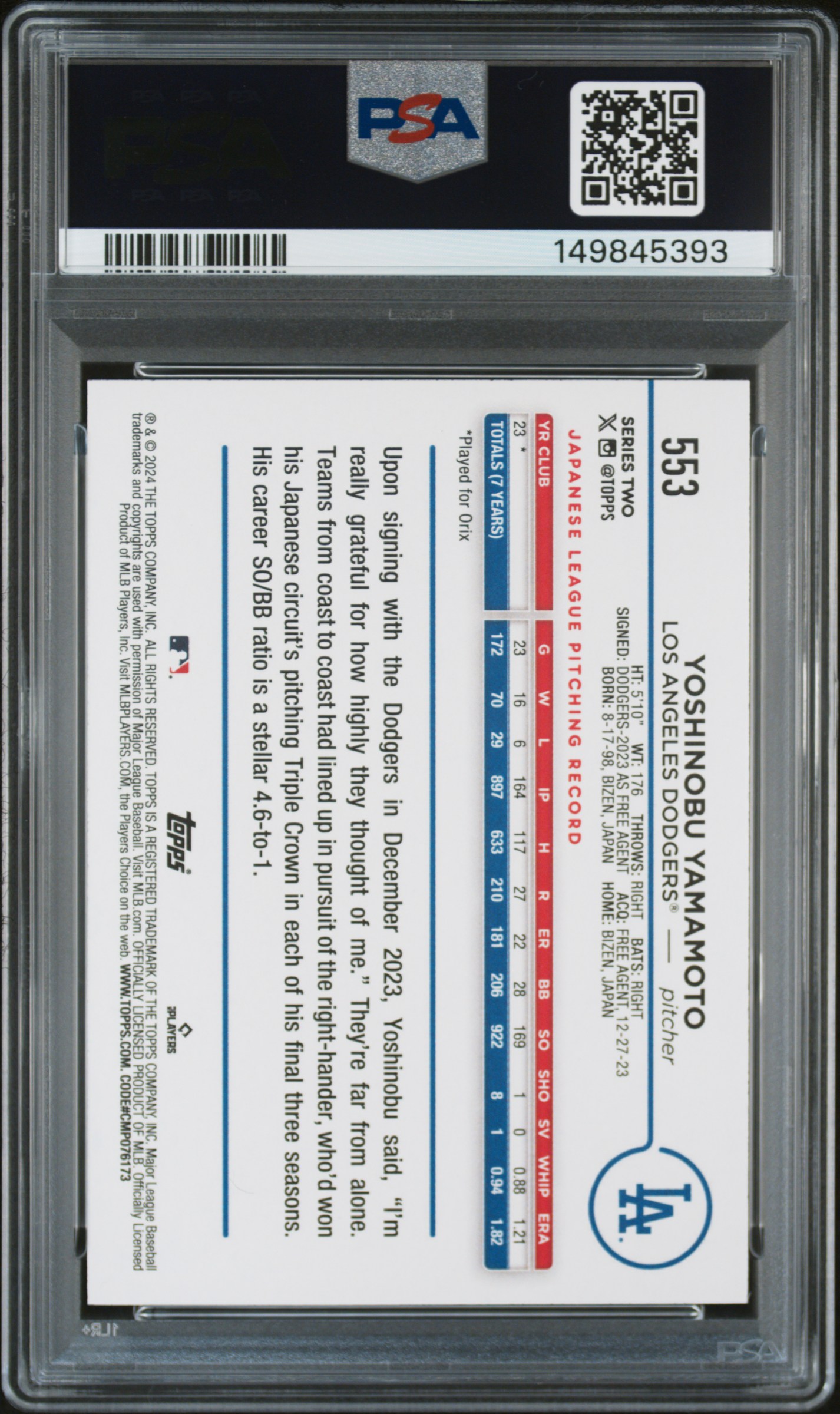 Yoshinobu Yamamoto 2024 Topps #553 PSA 10 Rookie Dodgers - Picture 2 of 2