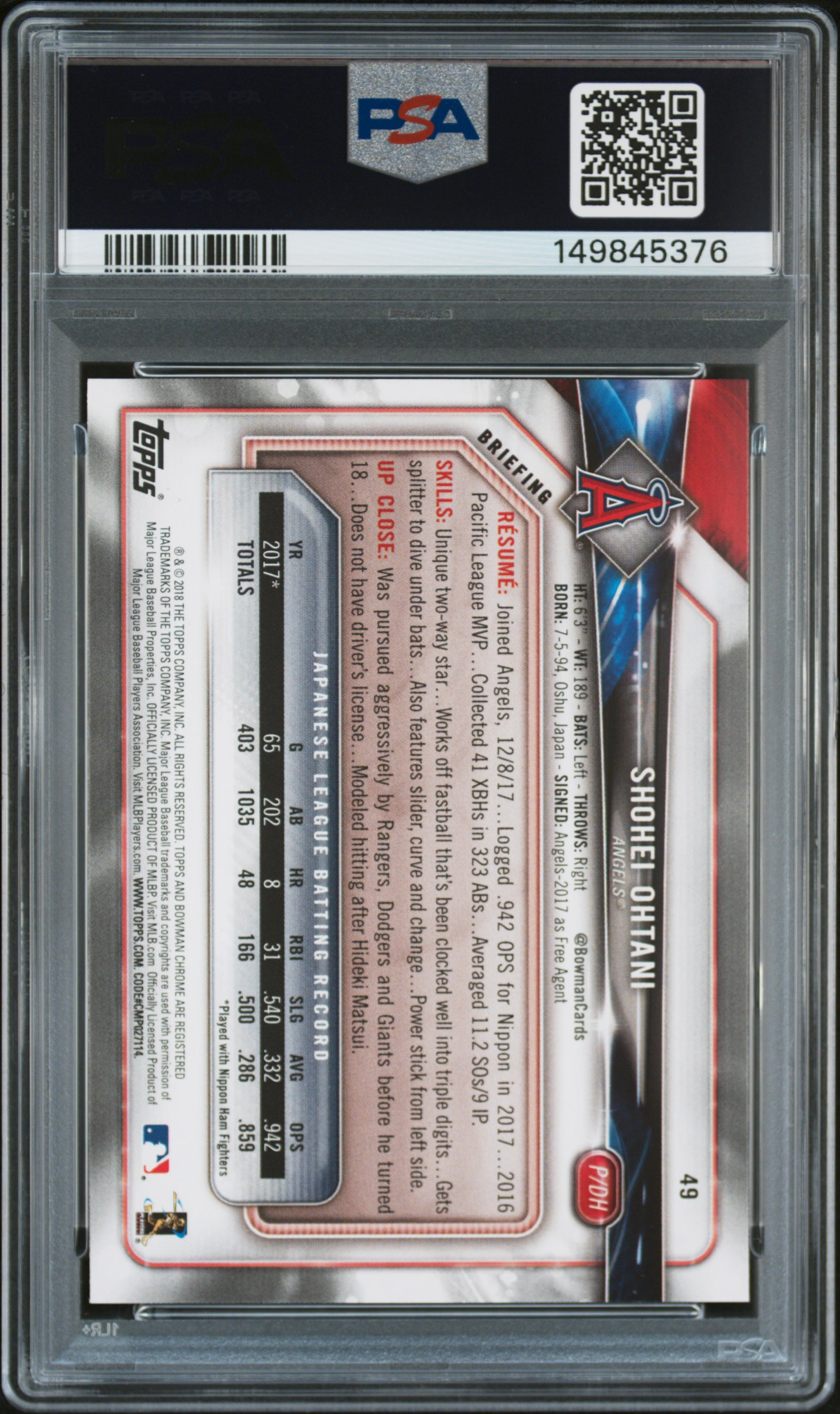 Shohei Ohtani 2018 Bowman #49 Rookie PSA 9 - Picture 2 of 2