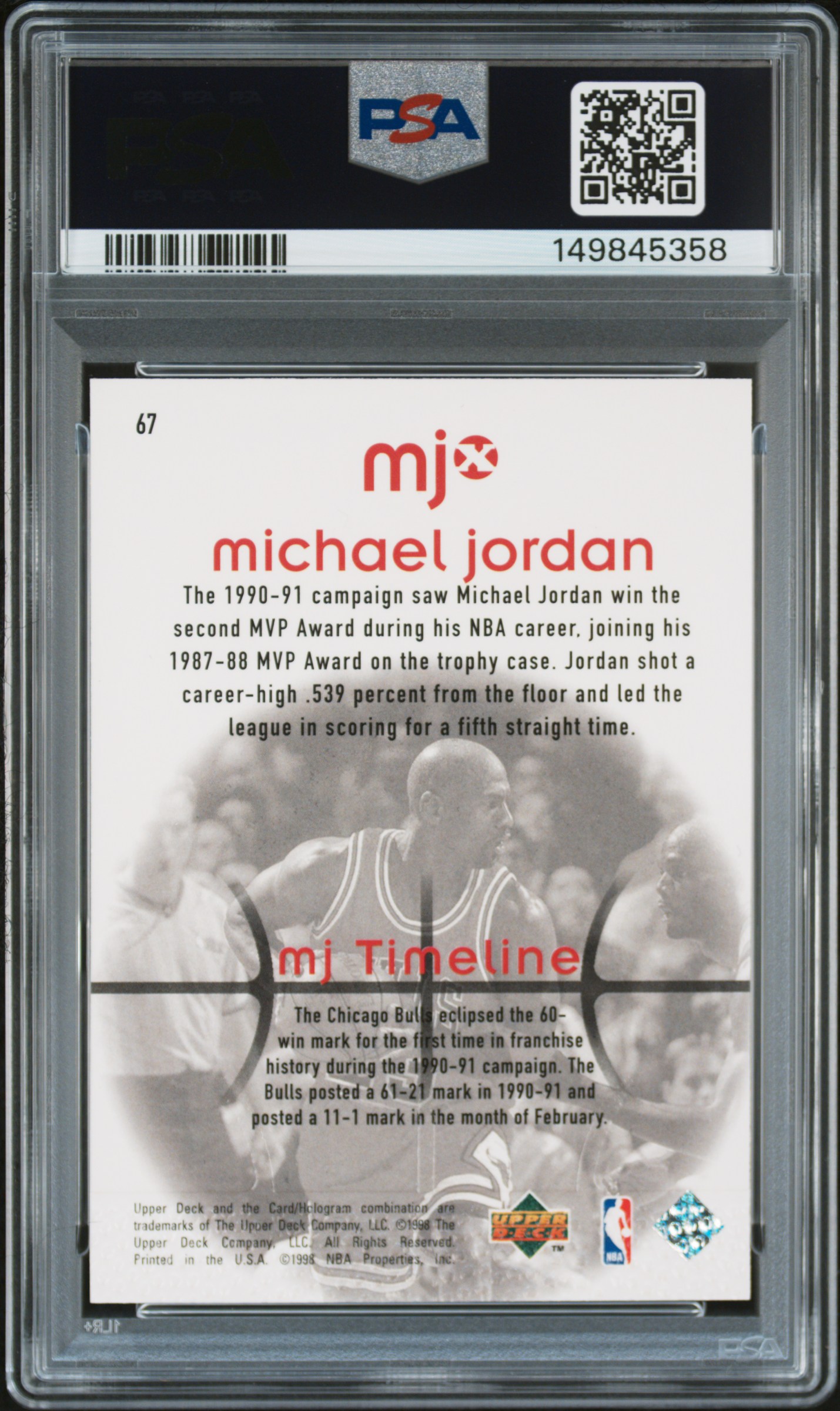 1998 Upper Deck Mjx #67 Michael Jordan PSA 9 Bulls - Picture 2 of 2