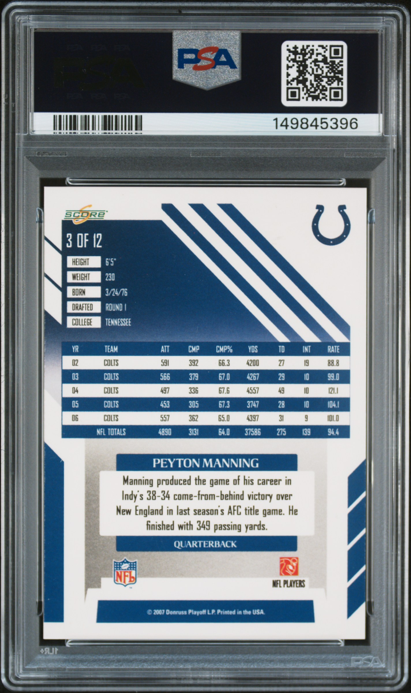 Peyton Manning 2007 Score Select #3 Cleveland National PROMO PSA 9 - Picture 2 of 2
