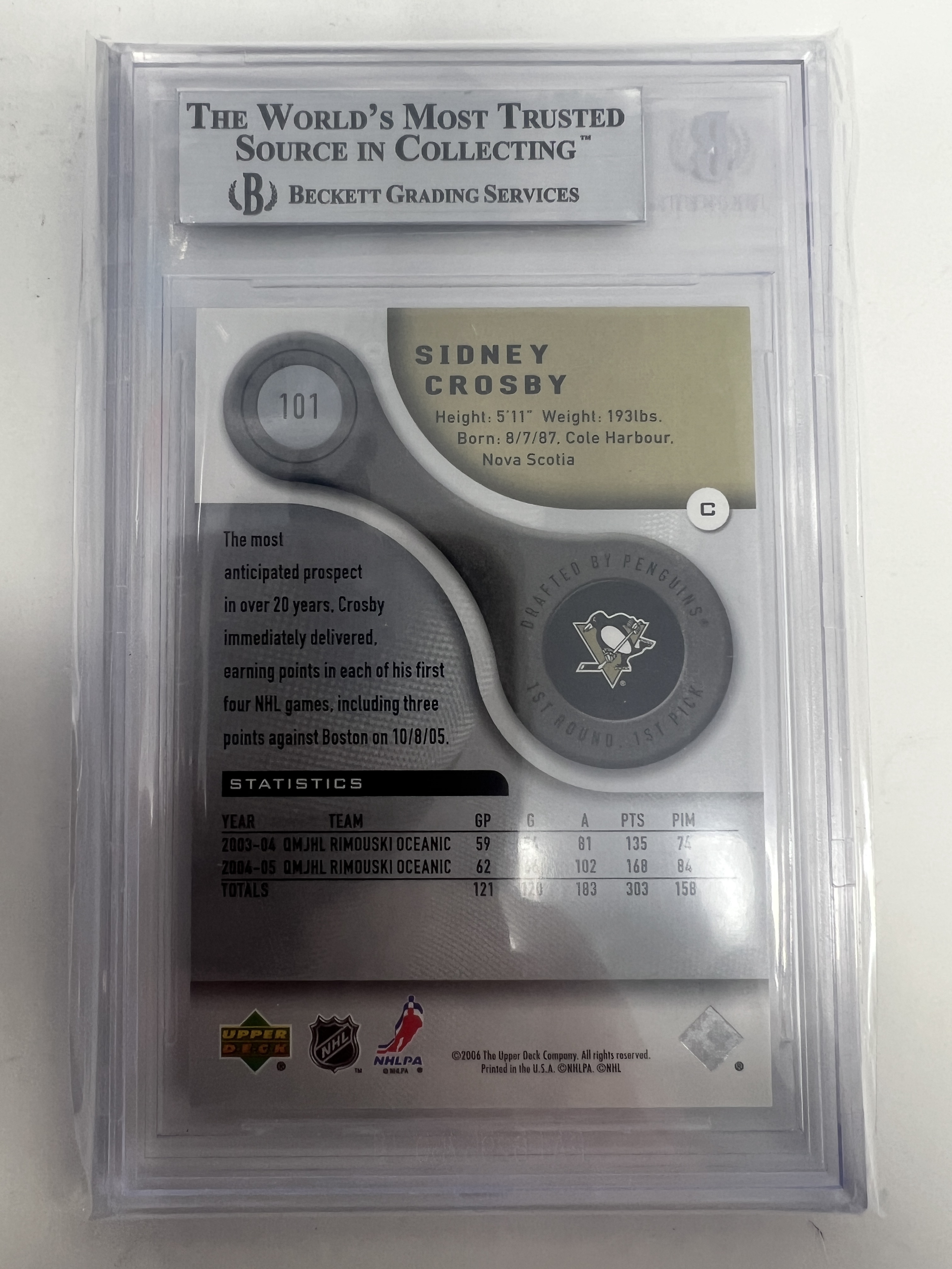 Sidney Crosby 2005-06 Upper Deck SP Game Used #101 Rookie /999 BGS 9 w/ 9.5's - Picture 2 of 2