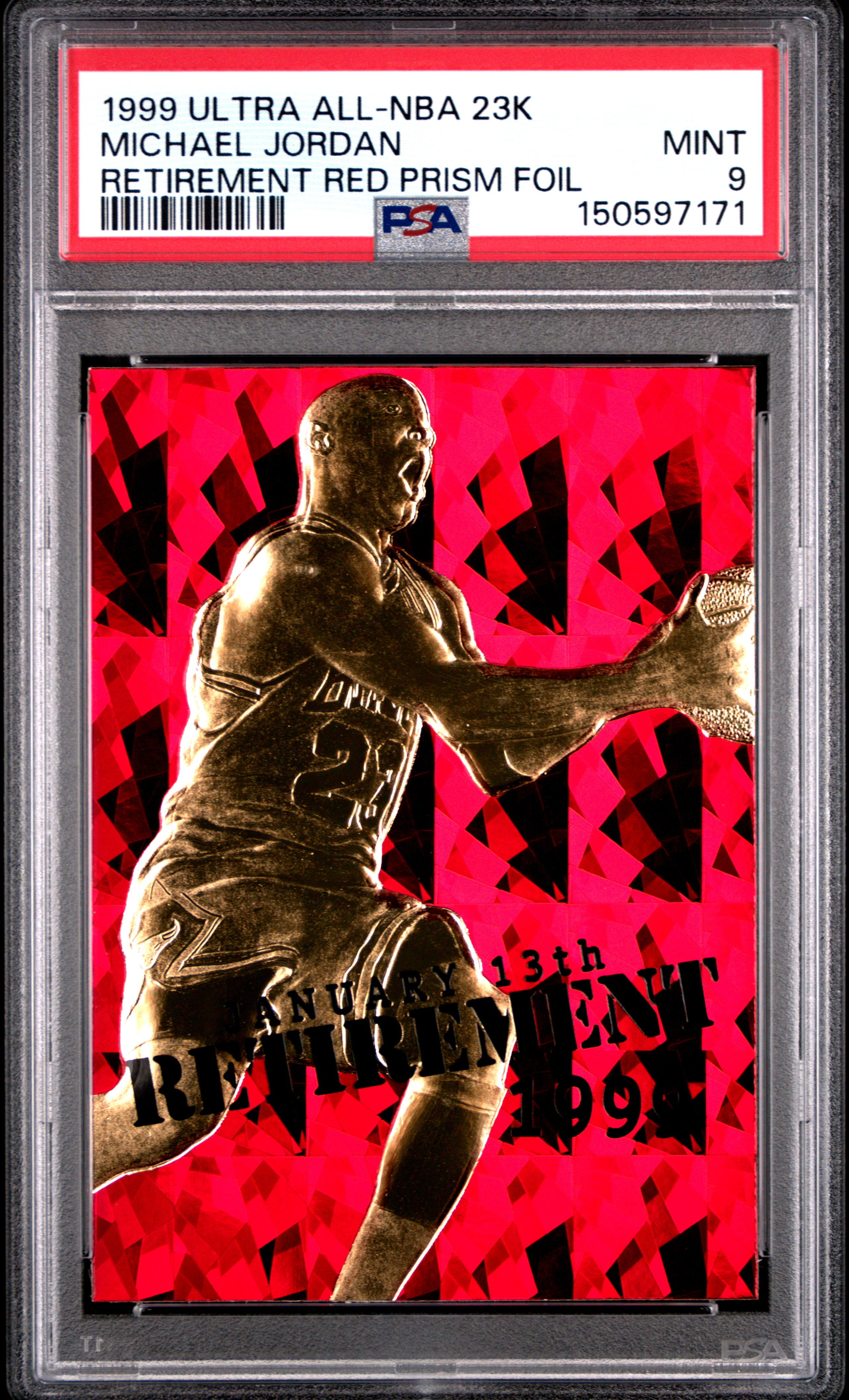 Michael Jordan 1999 Fleer Ultra 23k Gold Retirement Red Prism Foil /9923 PSA 9 - Picture 1 of 2