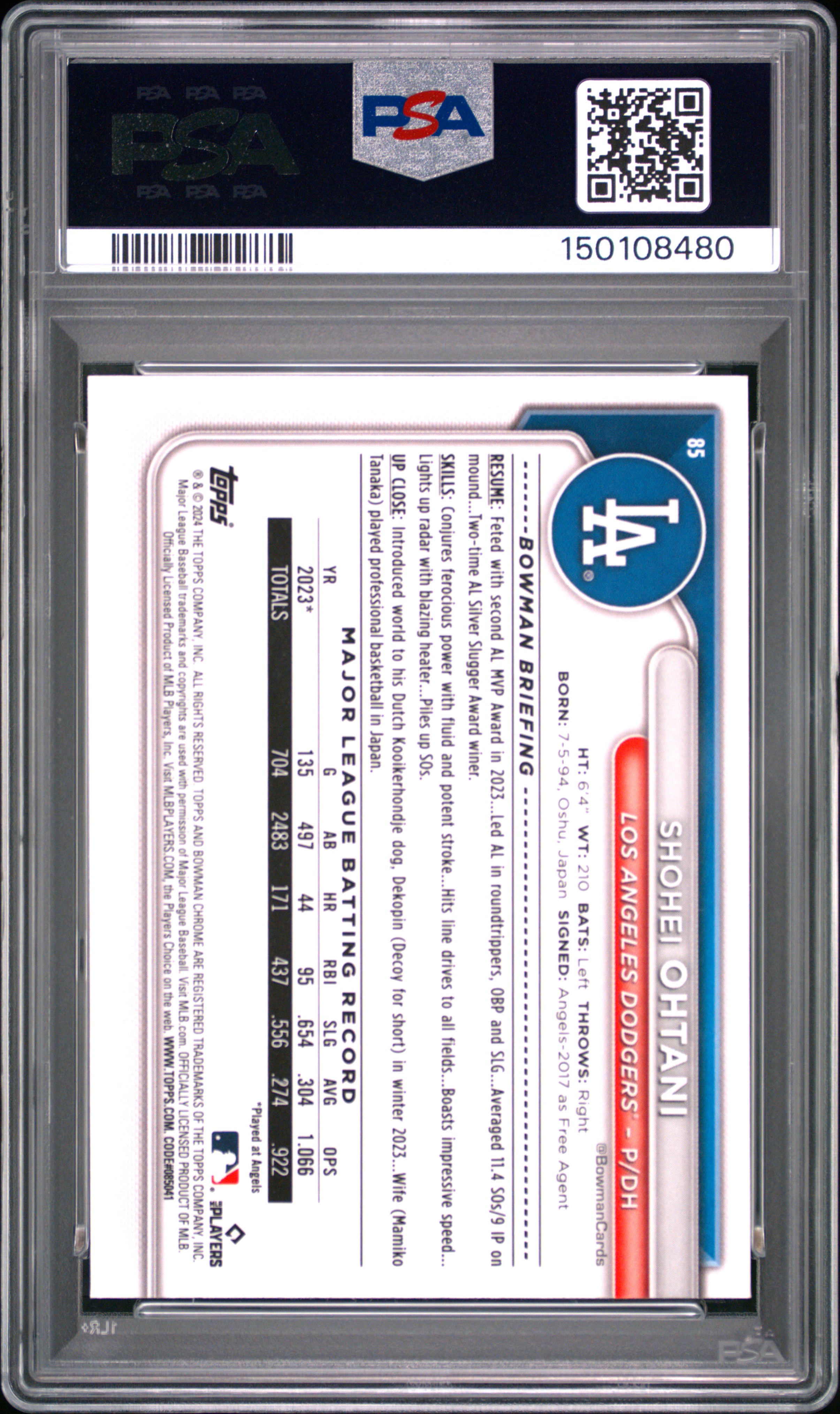 Shohei Ohtani 2024 Bowman Chrome #85 (Dodgers Rookie) PSA 10 - Picture 2 of 2