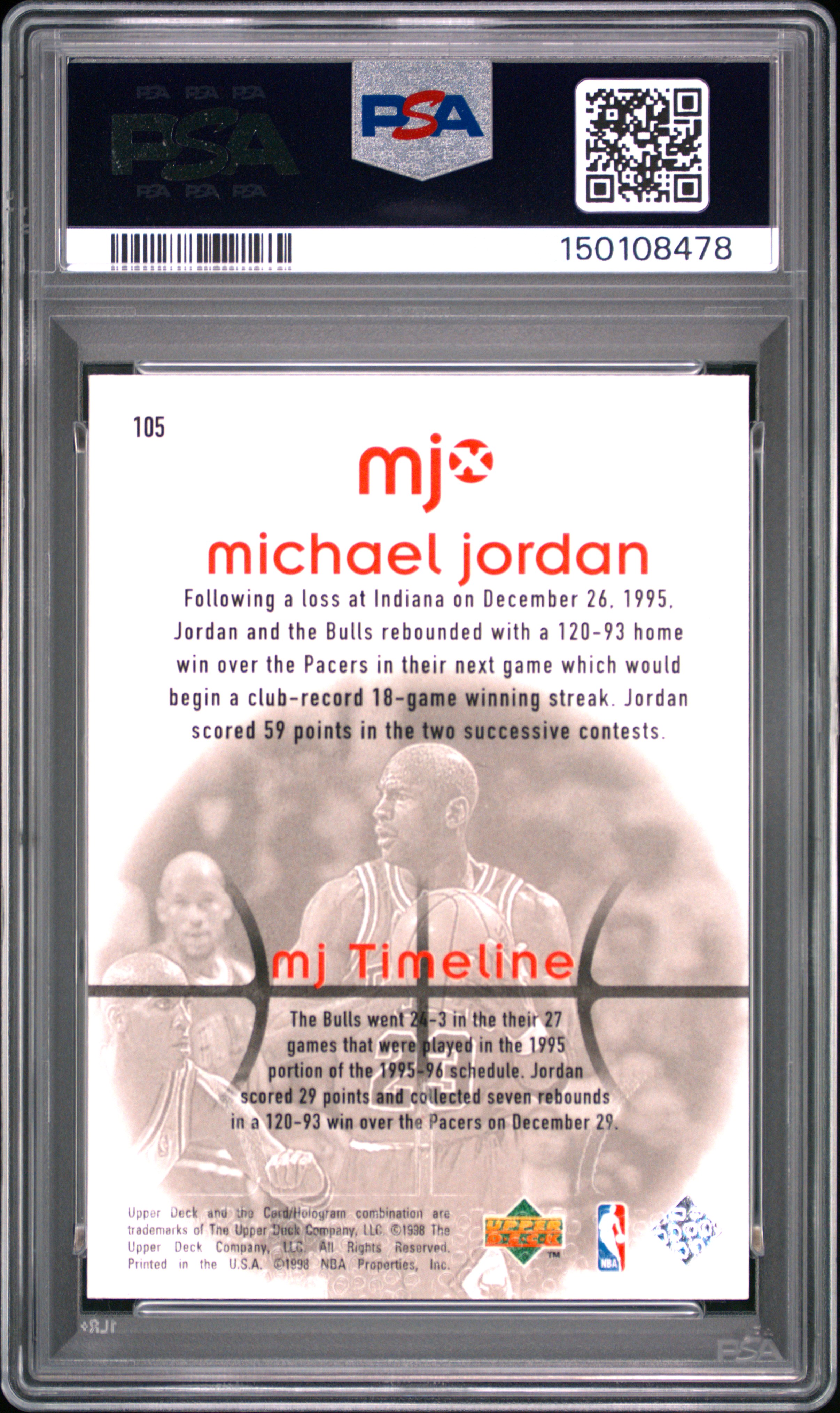 1998 Upper Deck Mjx #105 Michael Jordan w/ Reggie Miller PSA 10 Low POP - Picture 2 of 2
