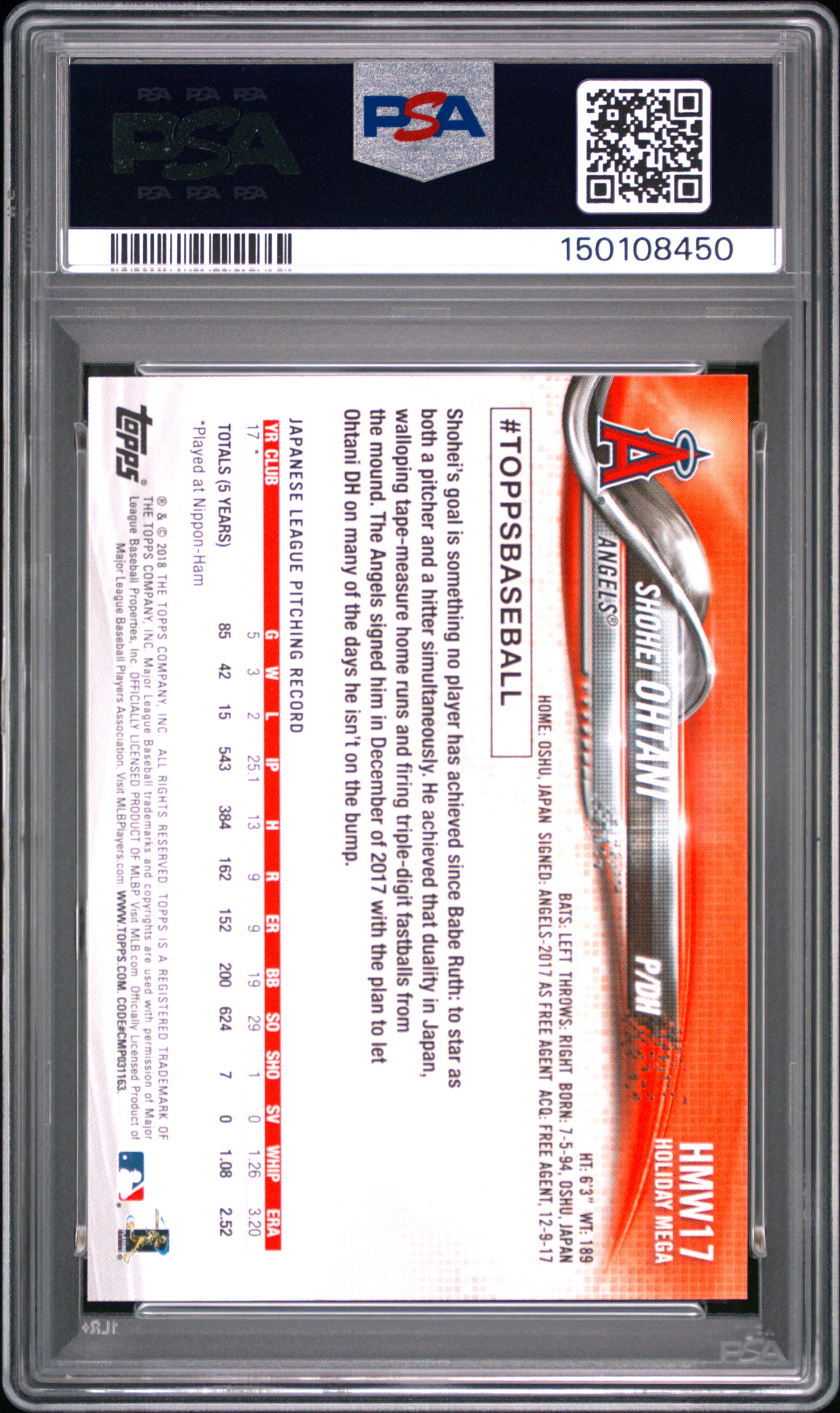 Shohei Ohtani 2018 Topps Holiday #17 Rookie PSA 8 - Picture 2 of 2