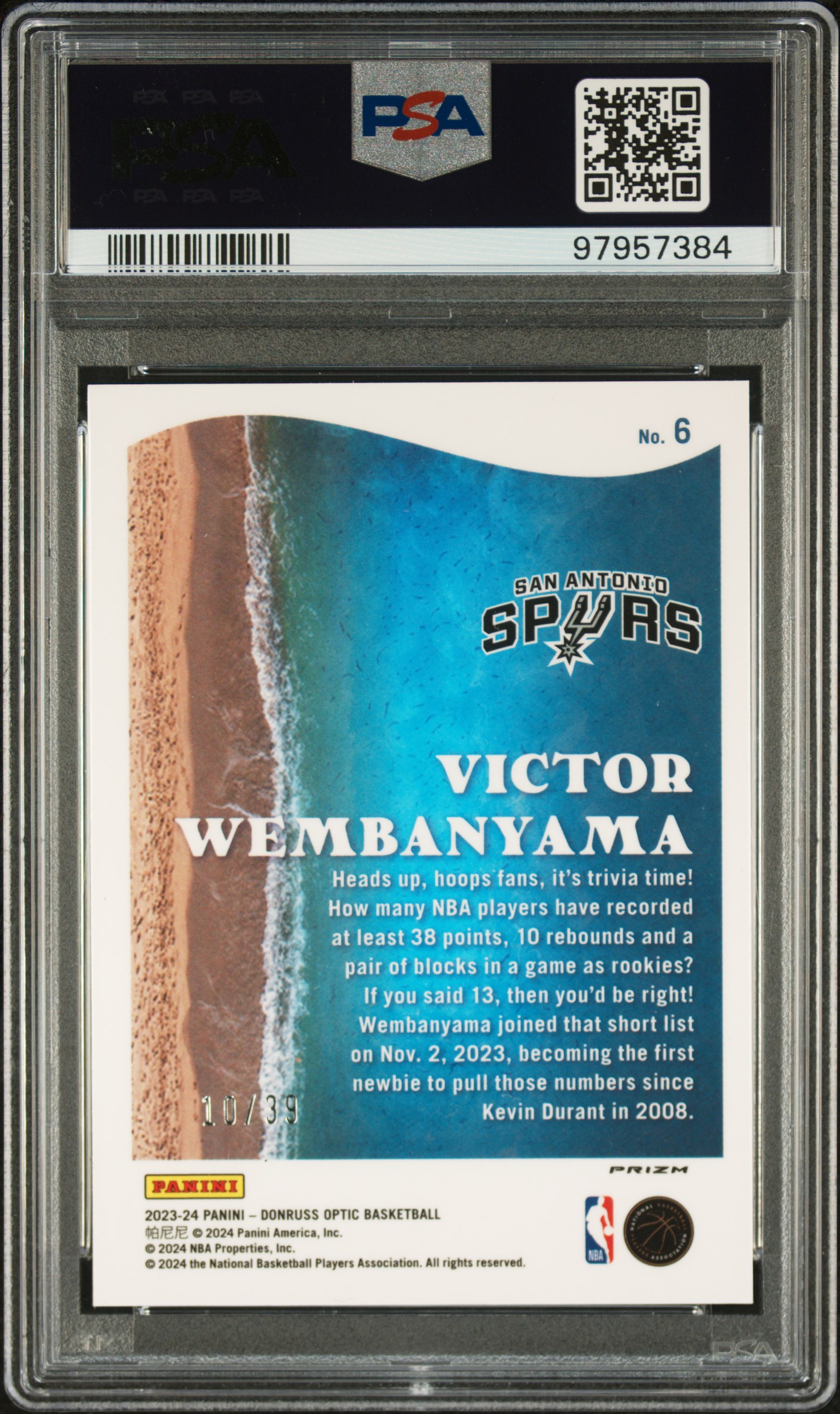 Victor Wembanyama 2023 Panini Donruss Optic #6 Splash Orange /39 Rookie PSA 10 - Picture 2 of 2