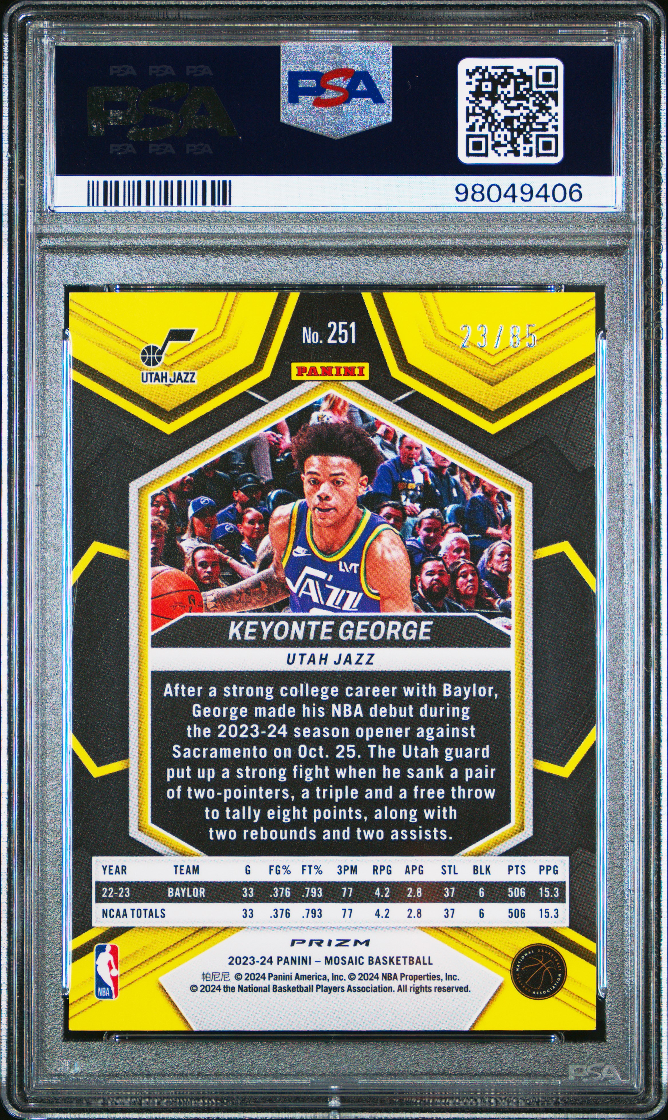 Keyonte George 2023 Panini Mosaic Blue Fast Break Prizm /85 #251 PSA 10 Rookie - Picture 2 of 2