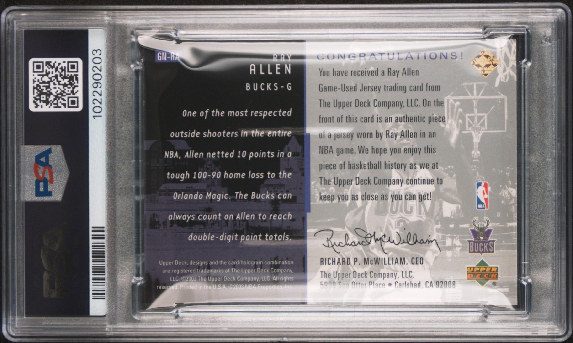 Ray Allen 2002 Upper Deck Game Night Jersey Game Used PSA 9 - Picture 2 of 2
