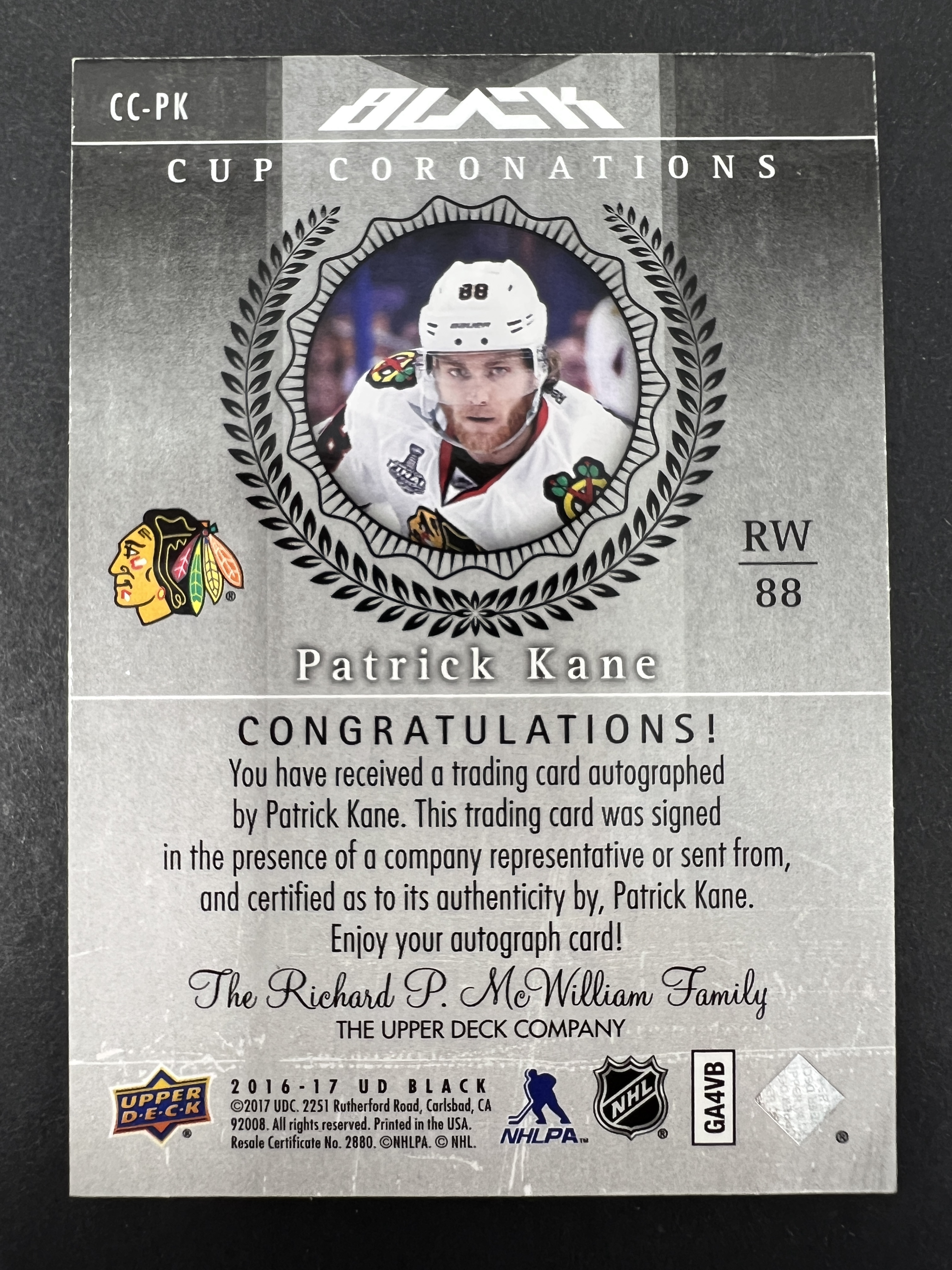 Patrick Kane 2016-17 Upper Deck Black Cup Coronations Autograph /15 Auto RARE! - Picture 2 of 2
