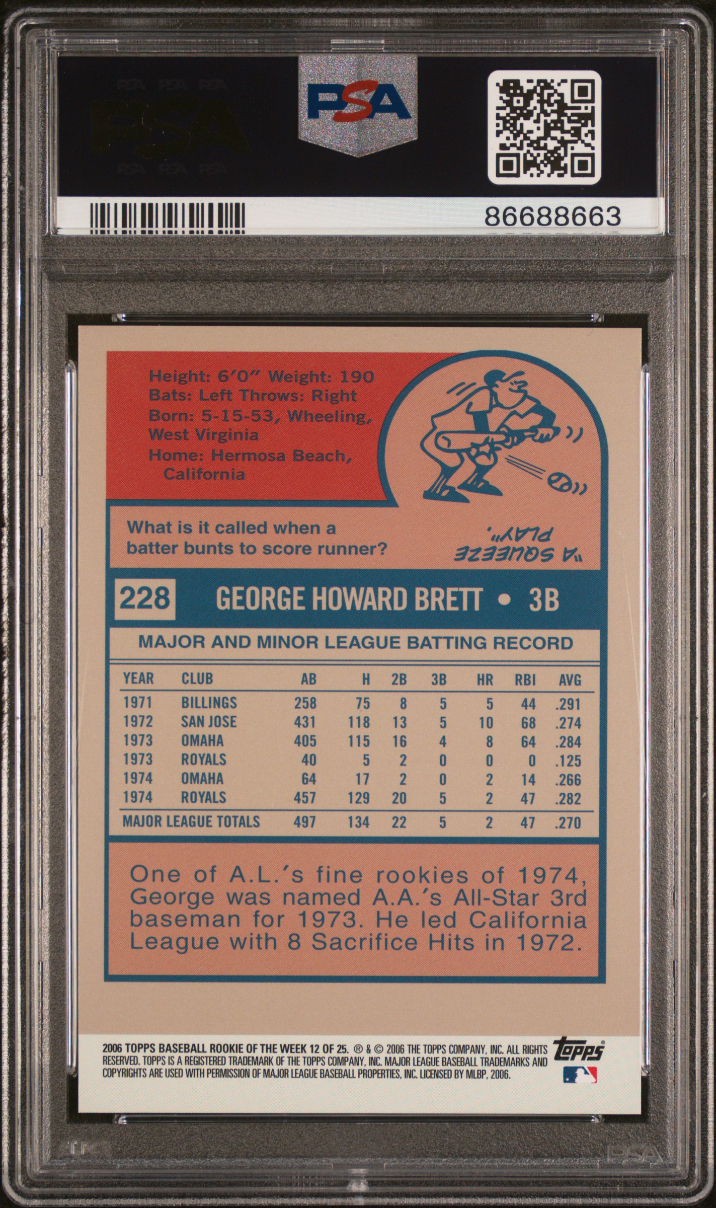 George Brett 2006 Topps Rookie Of The Week #12 1975 PSA 10 - Picture 2 of 2