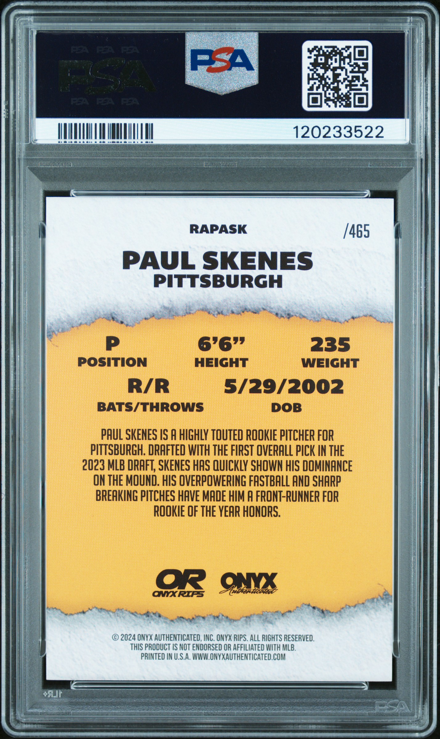 Paul Skenes 2024 Onyx Rips Gold Cracked Ice Rookie PSA Auto 10 - Picture 2 of 2