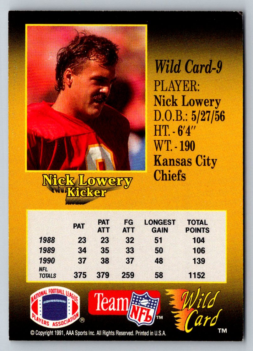 1991 Wild Card #9 Nick Lowery 10 Stripe - Picture 2 of 2