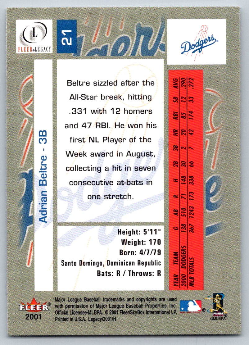 2001 Fleer Legacy #21 Adrian Beltre - Picture 2 of 2