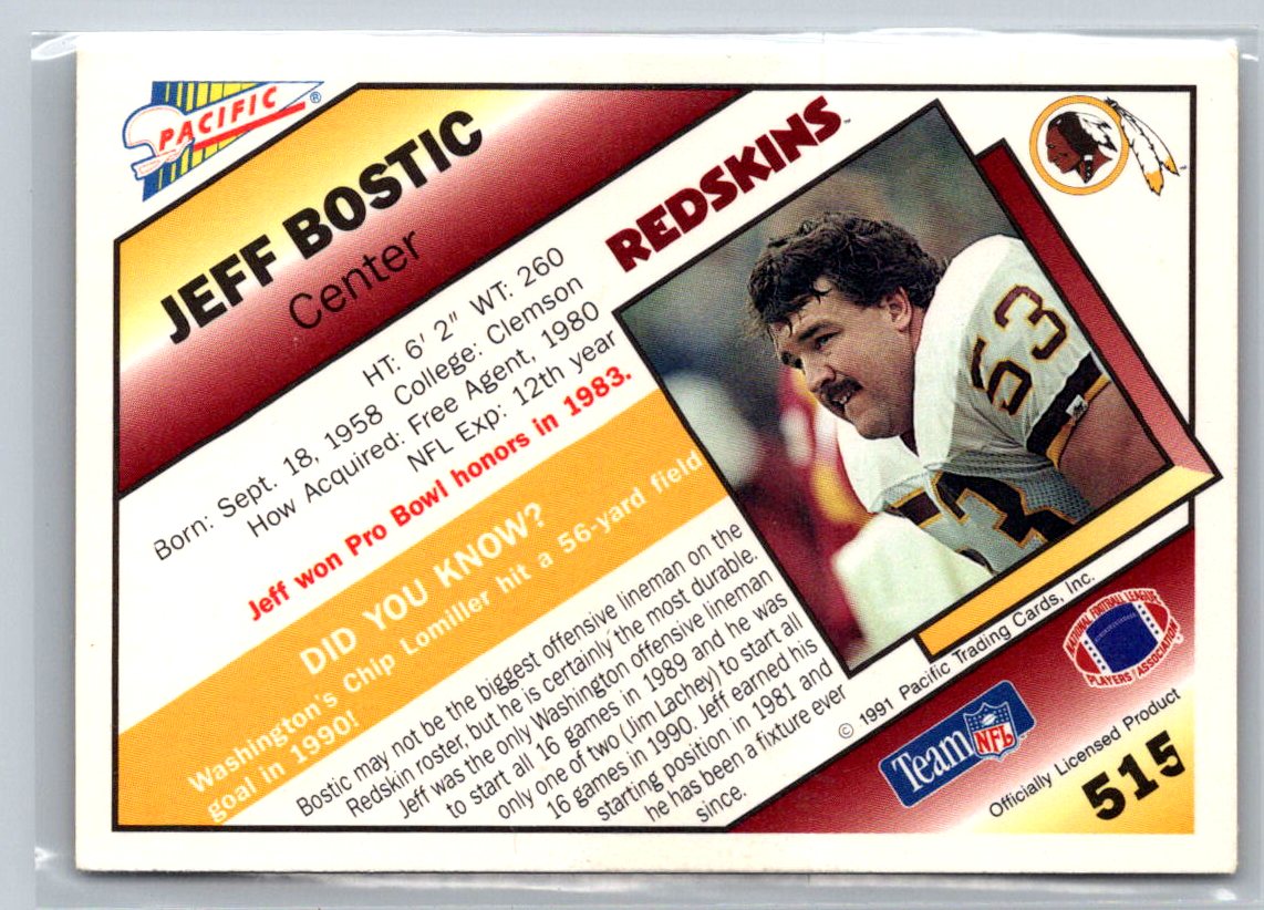 Jeff Bostic 1991 Pacific #515 Washington Redskins NFL  G3c - Picture 2 of 2