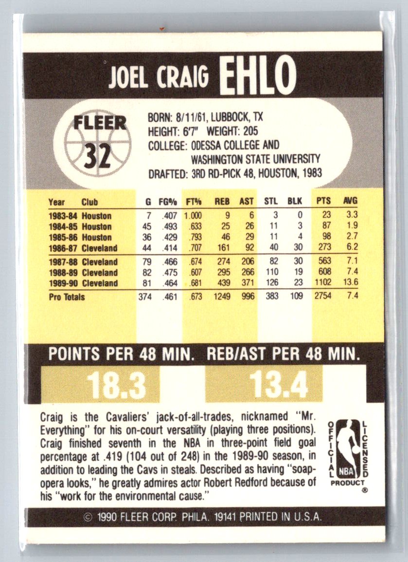 1990-91 Fleer #32 Craig Ehlo NBA Cavaliers - Picture 2 of 2