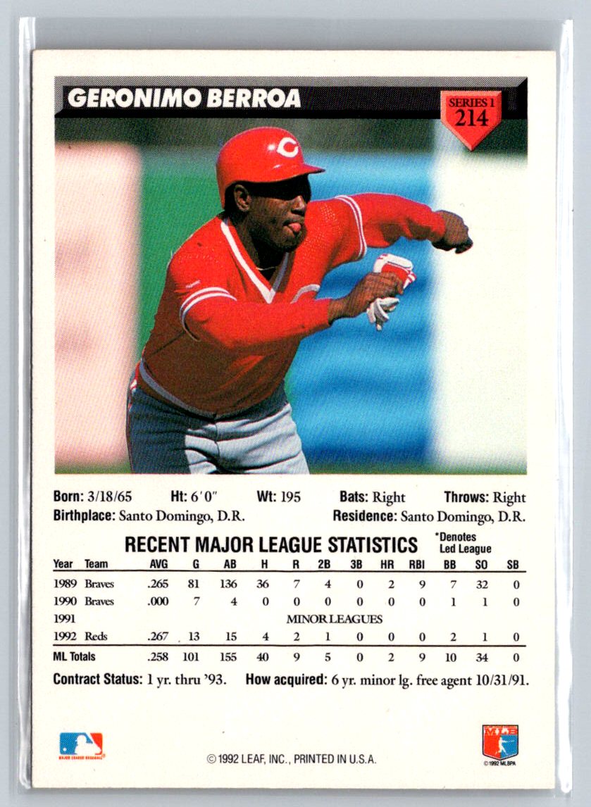 1993 Donruss #214 Geronimo Berroa MLB Base Reds J10c - Picture 2 of 2