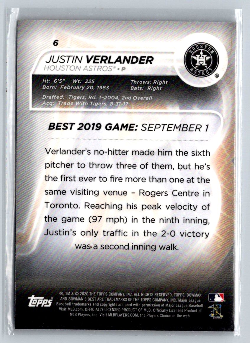 2020 Bowman's Best #6 Justin Verlander MLB Astros J10c - Picture 2 of 2