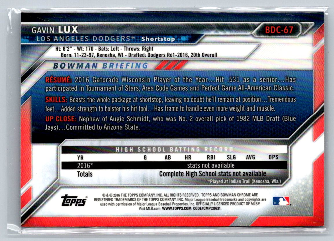 2016 Bowman Draft #BDC-67 Gavin Lux Chrome ROOKIE - Picture 2 of 2