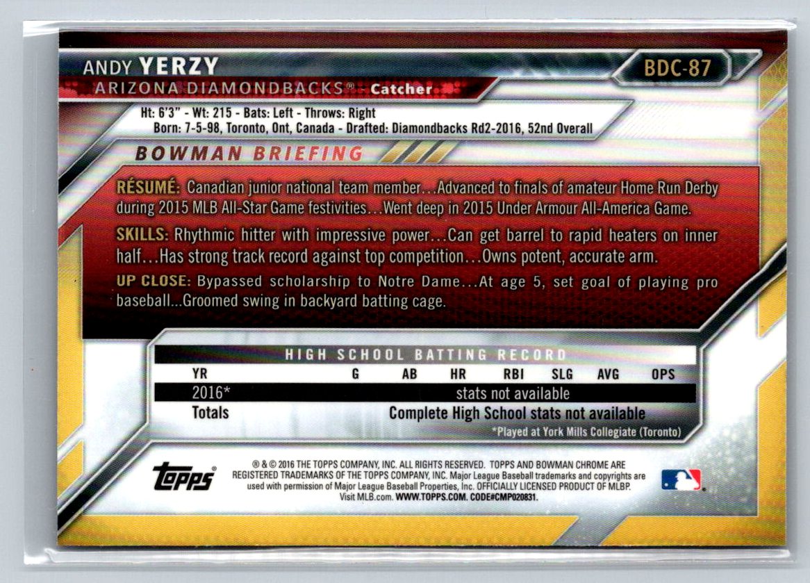 2016 Bowman Draft #BDC-87 Andy Yerzy Chrome ROOKIE - Picture 2 of 2