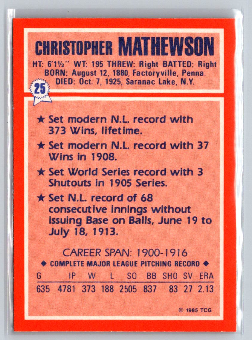 1985 Topps Woolworth All Time Record Holders #25 Christy Mathewson - Picture 2 of 2