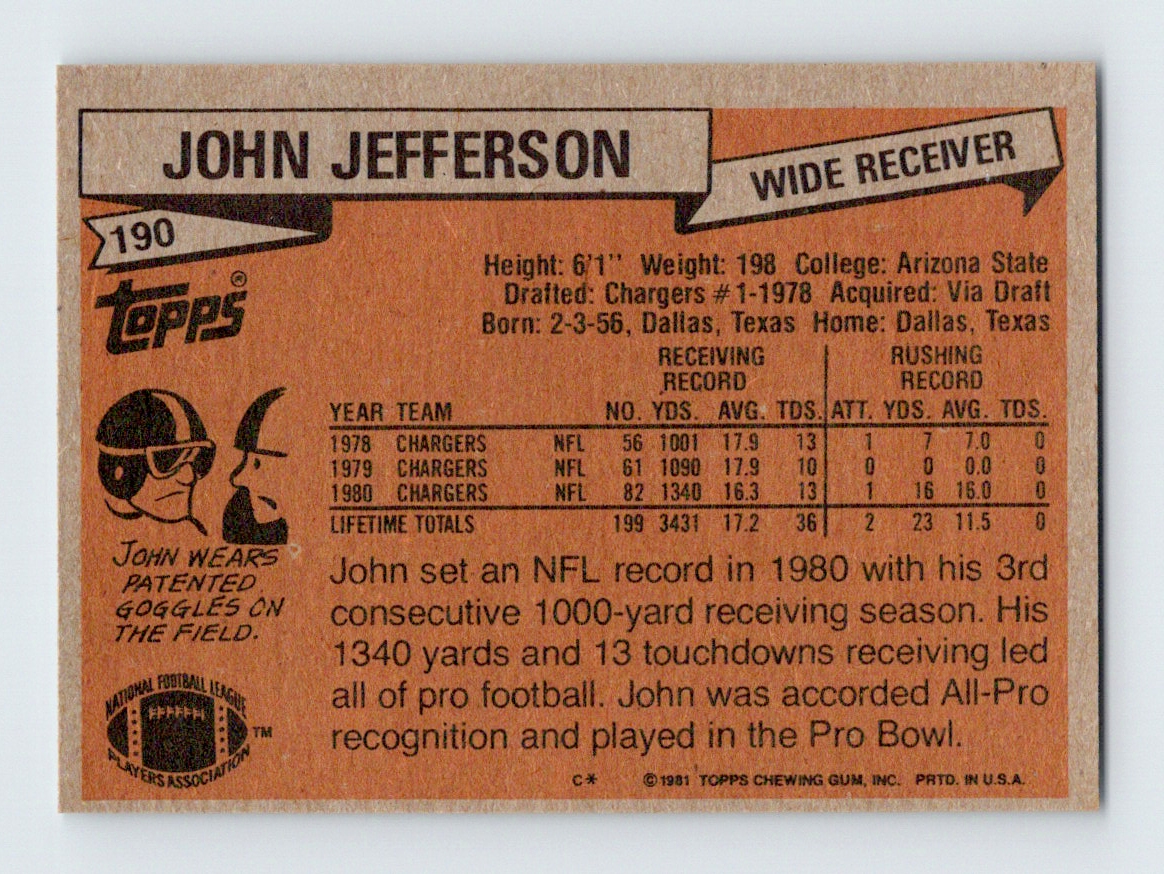 1981 Topps #190 John Jefferson - Picture 2 of 2