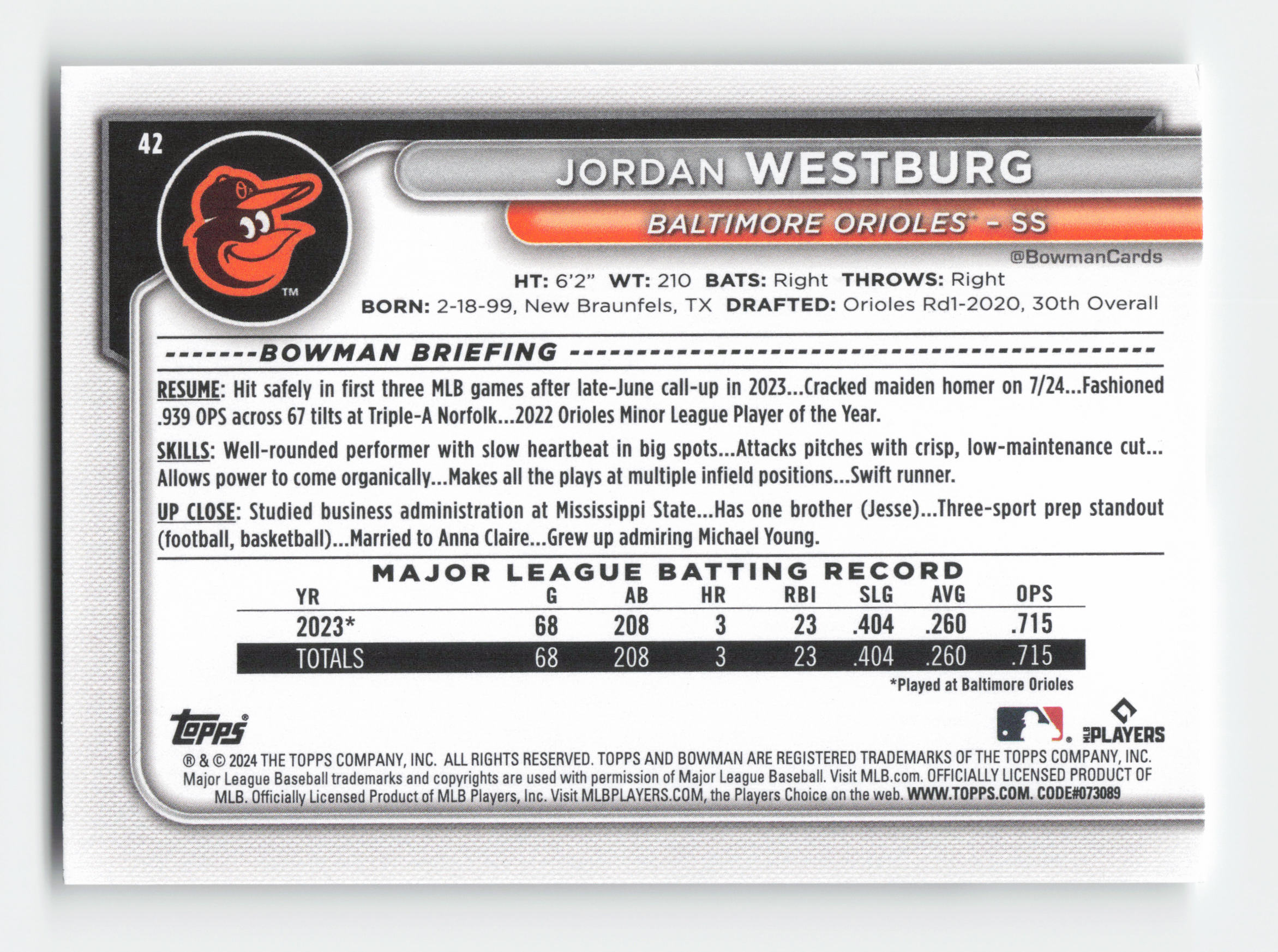 2024 Bowman #42 Jordan Westburg RC Near Mint or Better - Picture 2 of 2