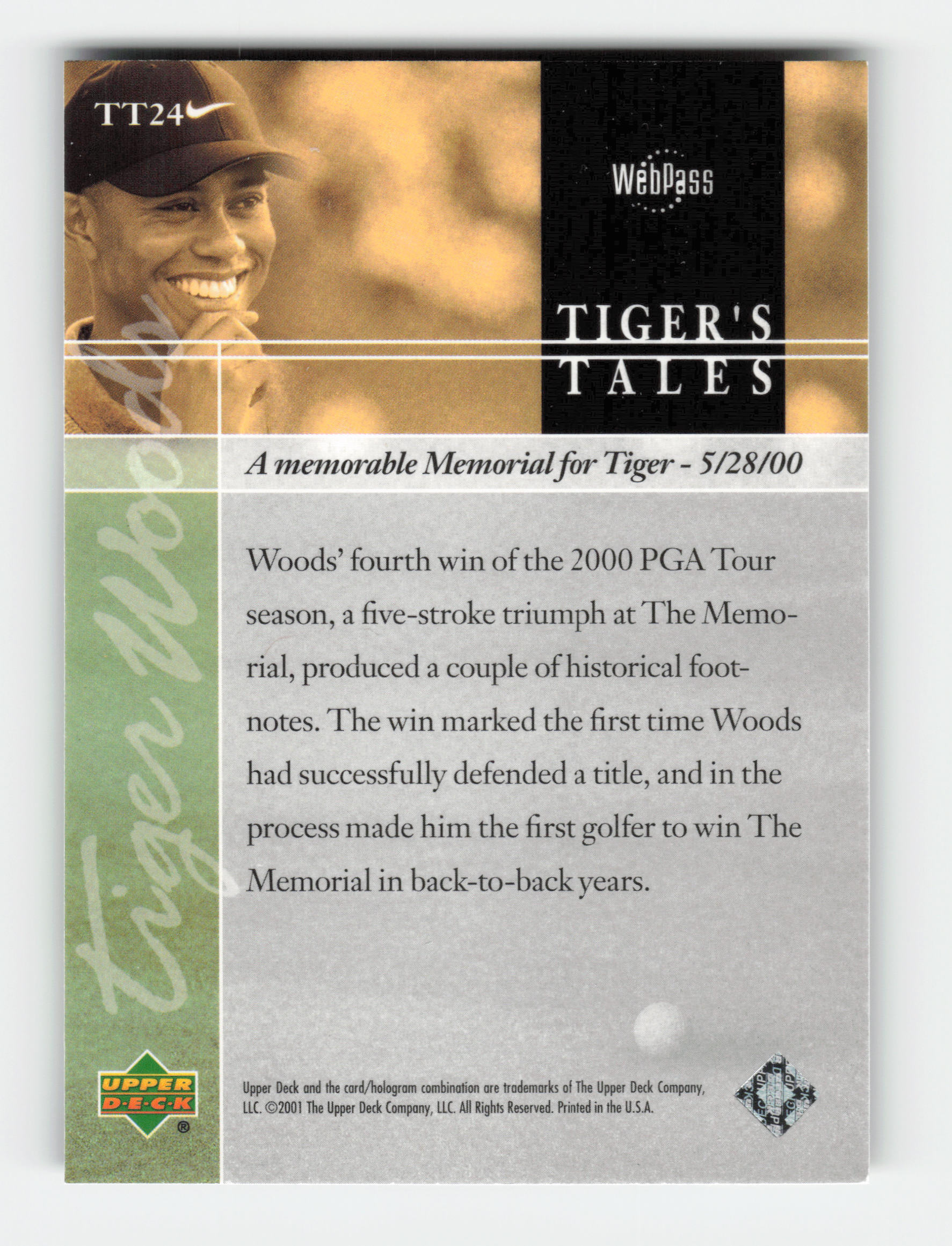 2001 Upper Deck Tiger's Tales #TT24 Tiger Woods Near Mint or Better - Picture 2 of 2