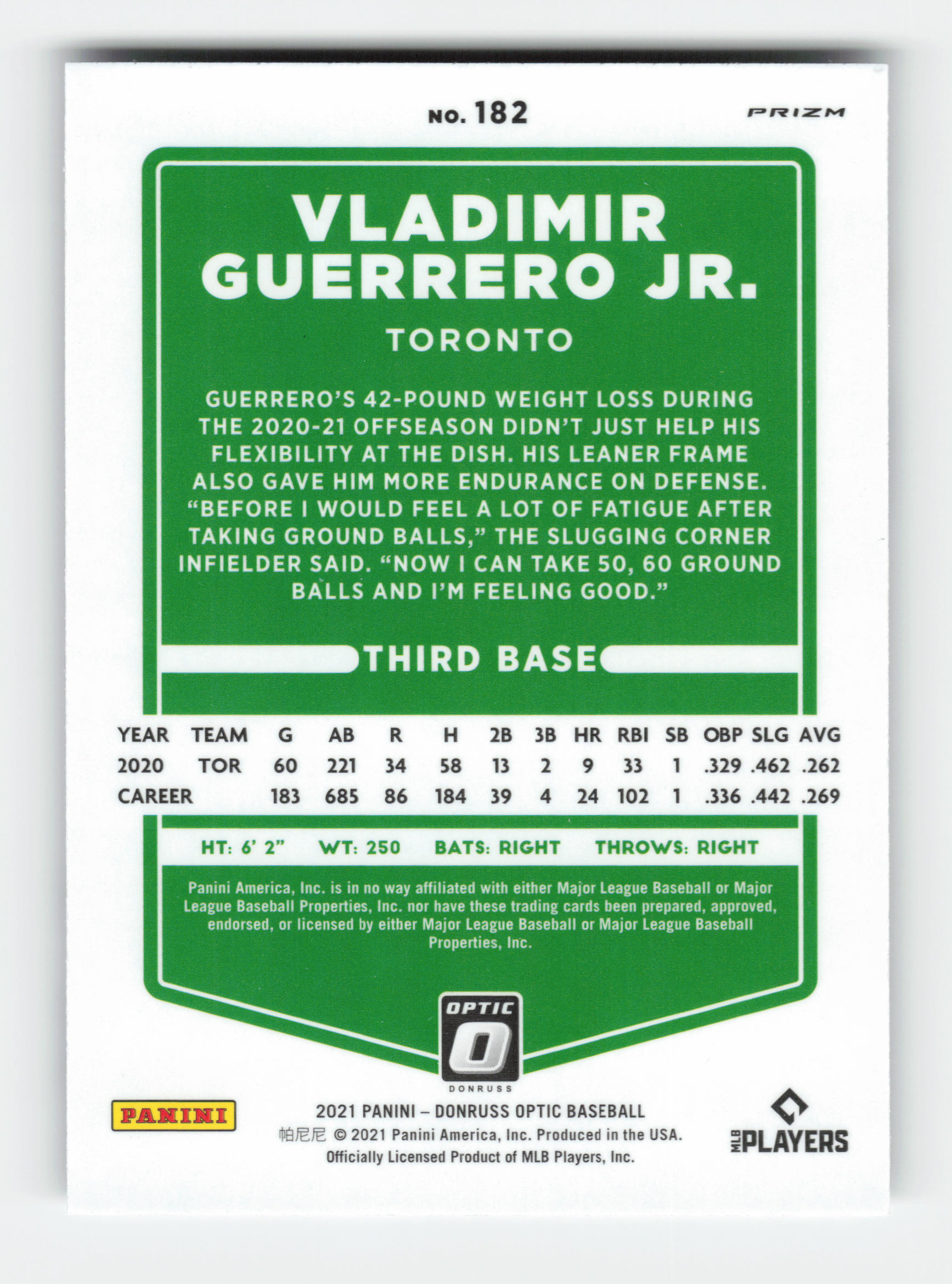 2021 Donruss Optic Holo #182 Vladimir Guerrero Jr. Near Mint or Better - Picture 2 of 2