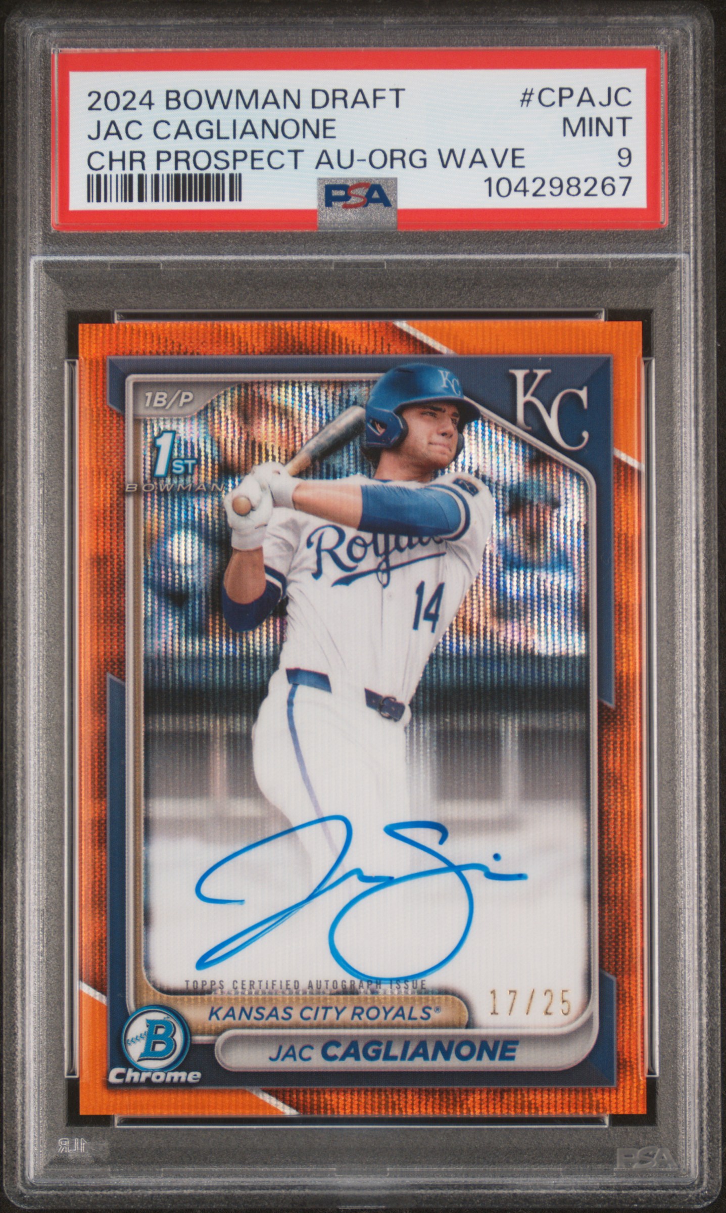JAC CAGLIANONE 2024 Bowman Draft 1st Chrome Prospect Autos /25 ORANGE RC SSP