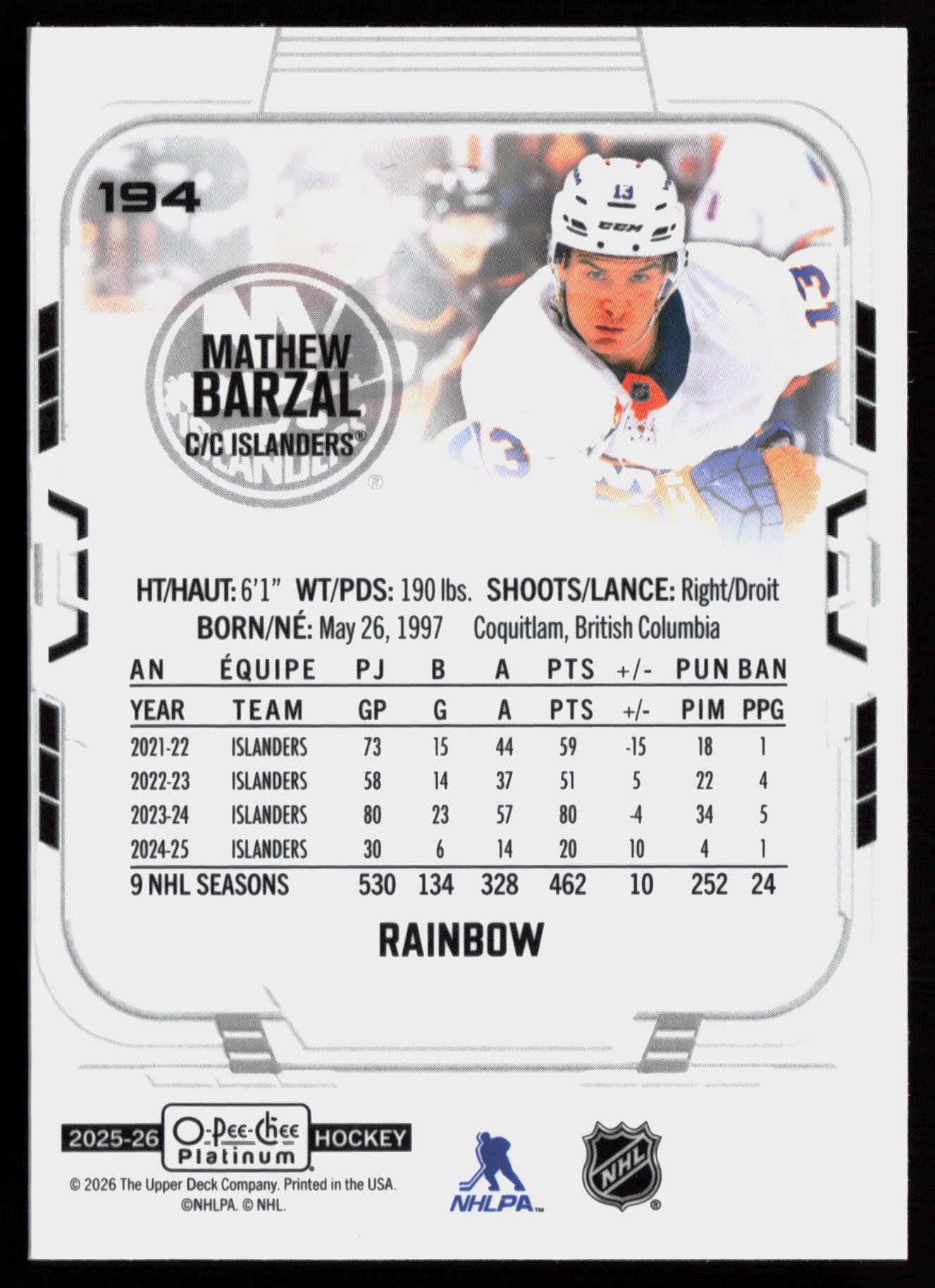 2025 2025-26 O-Pee-Chee Platinum Mathew Barzal Hockey card — Back thumbnail