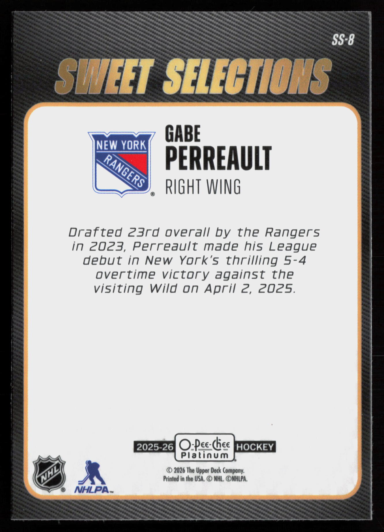 2025 2025-26 O-Pee-Chee Platinum Gabe Perreault Hockey card — Back thumbnail