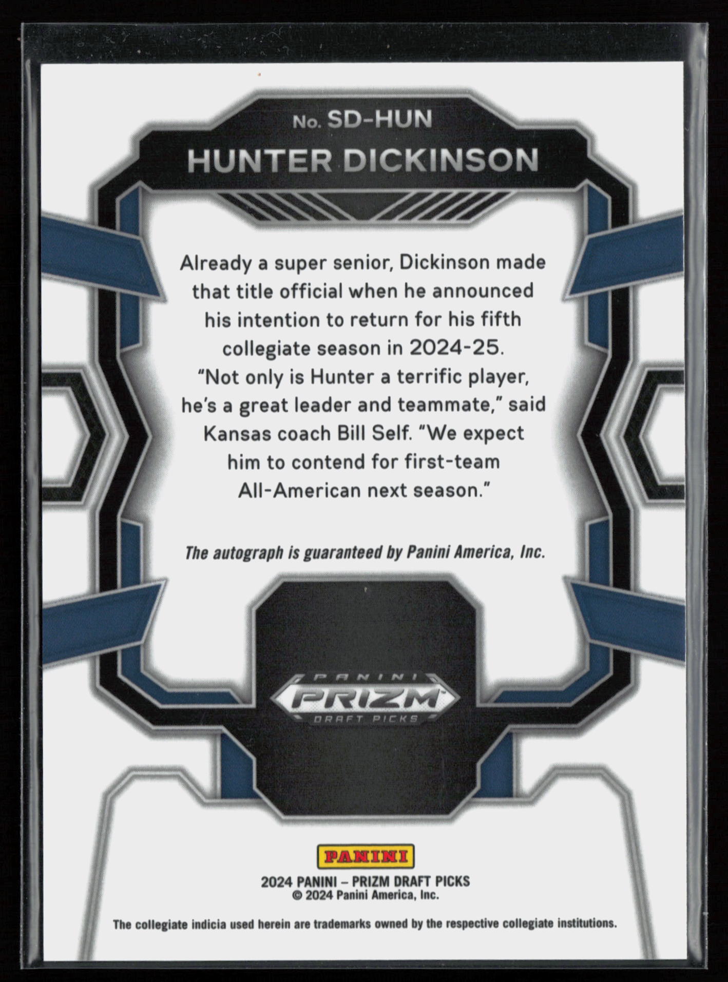 2024 2024 Panini Prizm Draft Picks Hunter Dickinson Basketball card — Back thumbnail