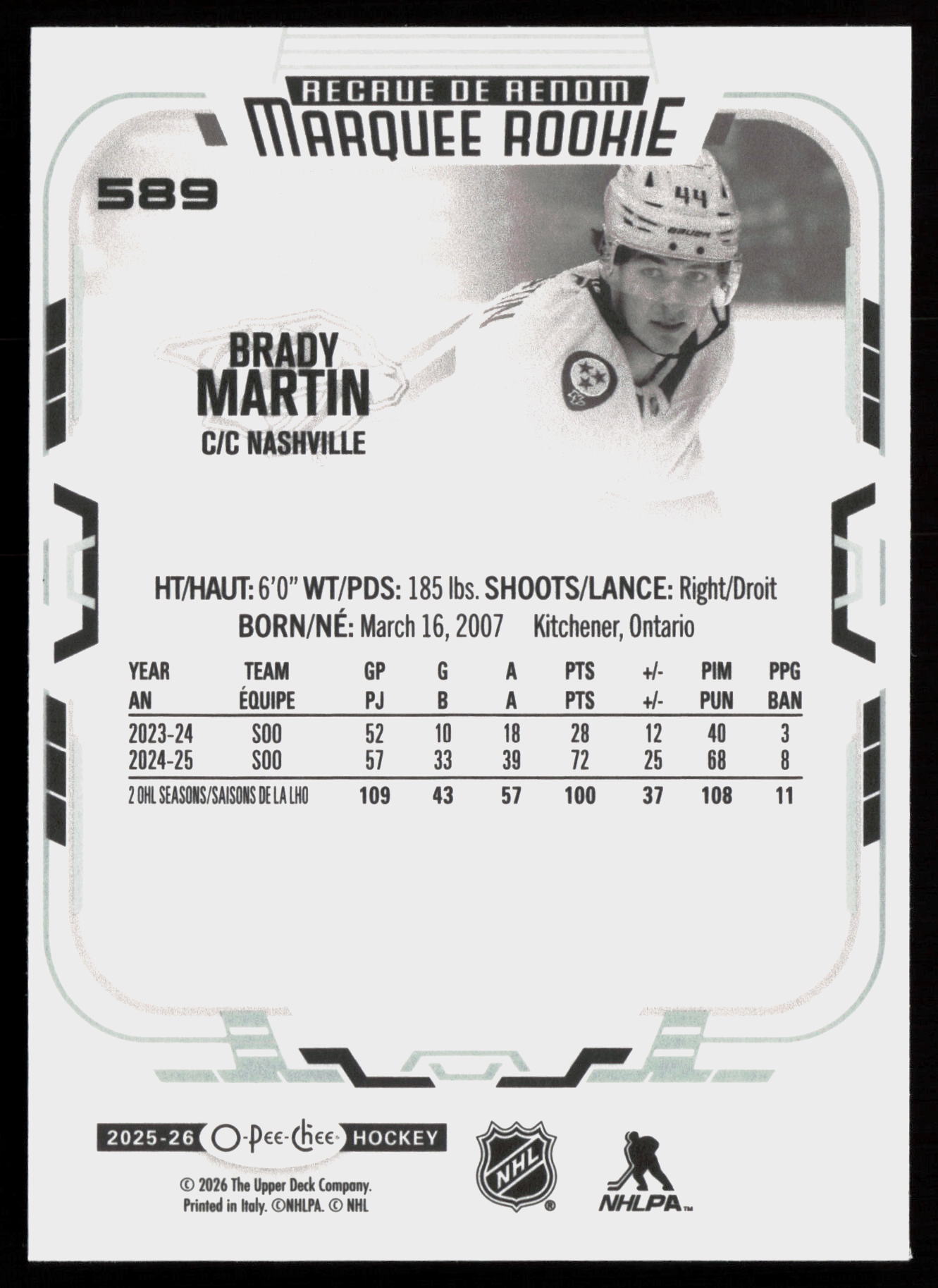 2025 2025-26 O-Pee-Chee Brady Martin Hockey card — Back thumbnail