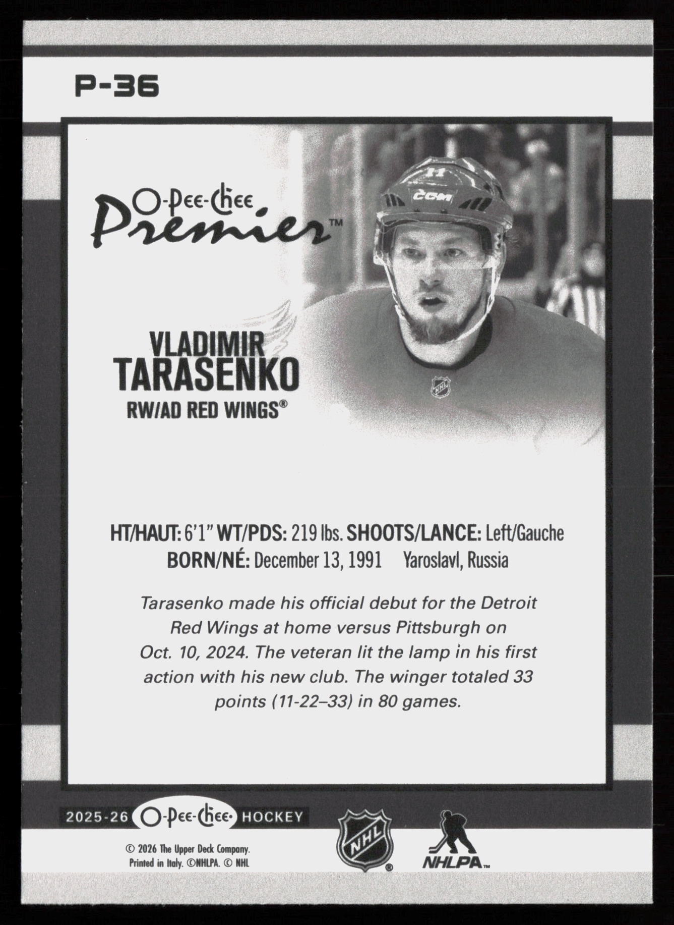 2025 2025-26 O-Pee-Chee Vladimir Tarasenko Hockey card — Back thumbnail