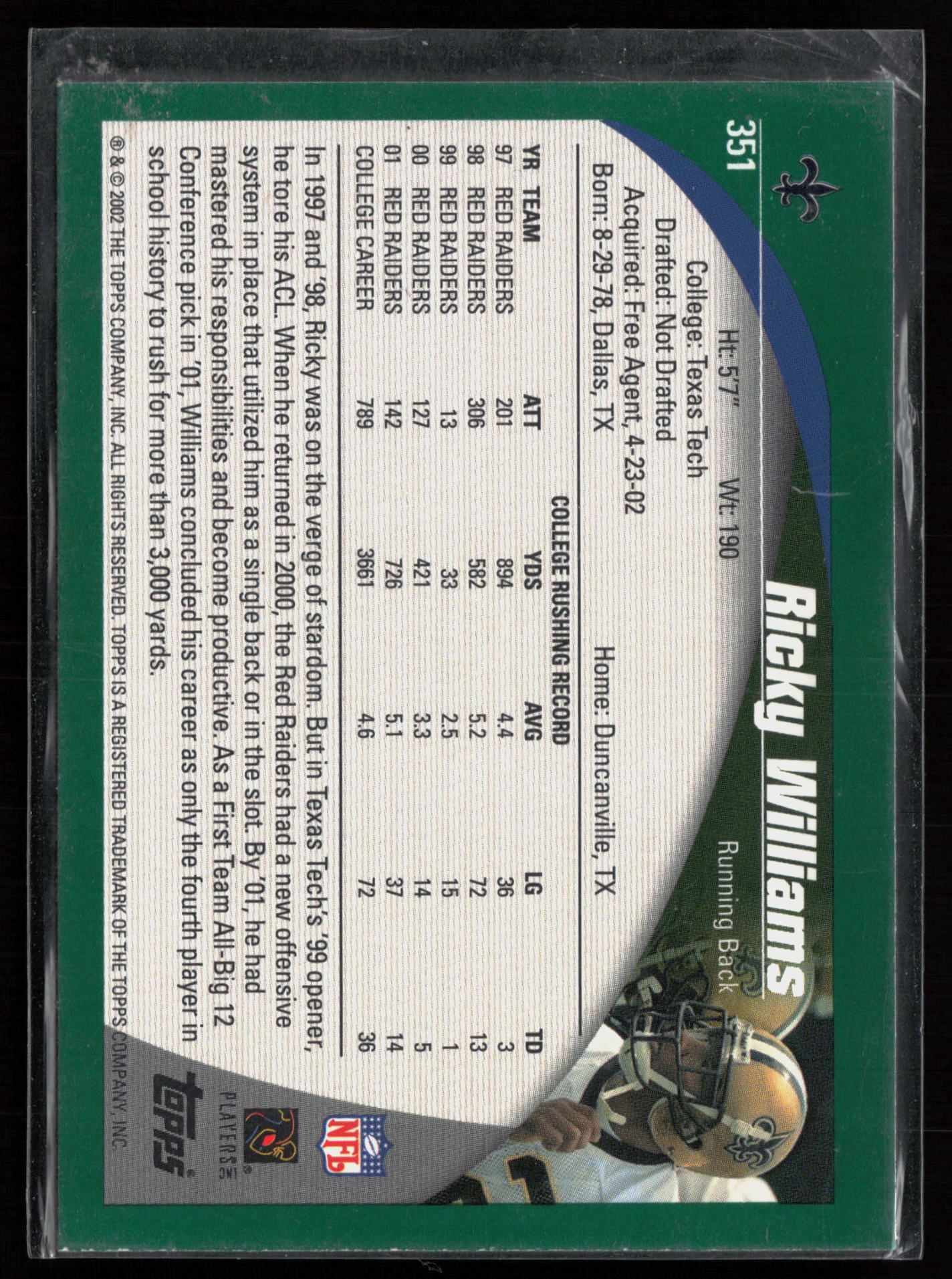 2002 2002 Topps Ricky Williams Football card — Back thumbnail