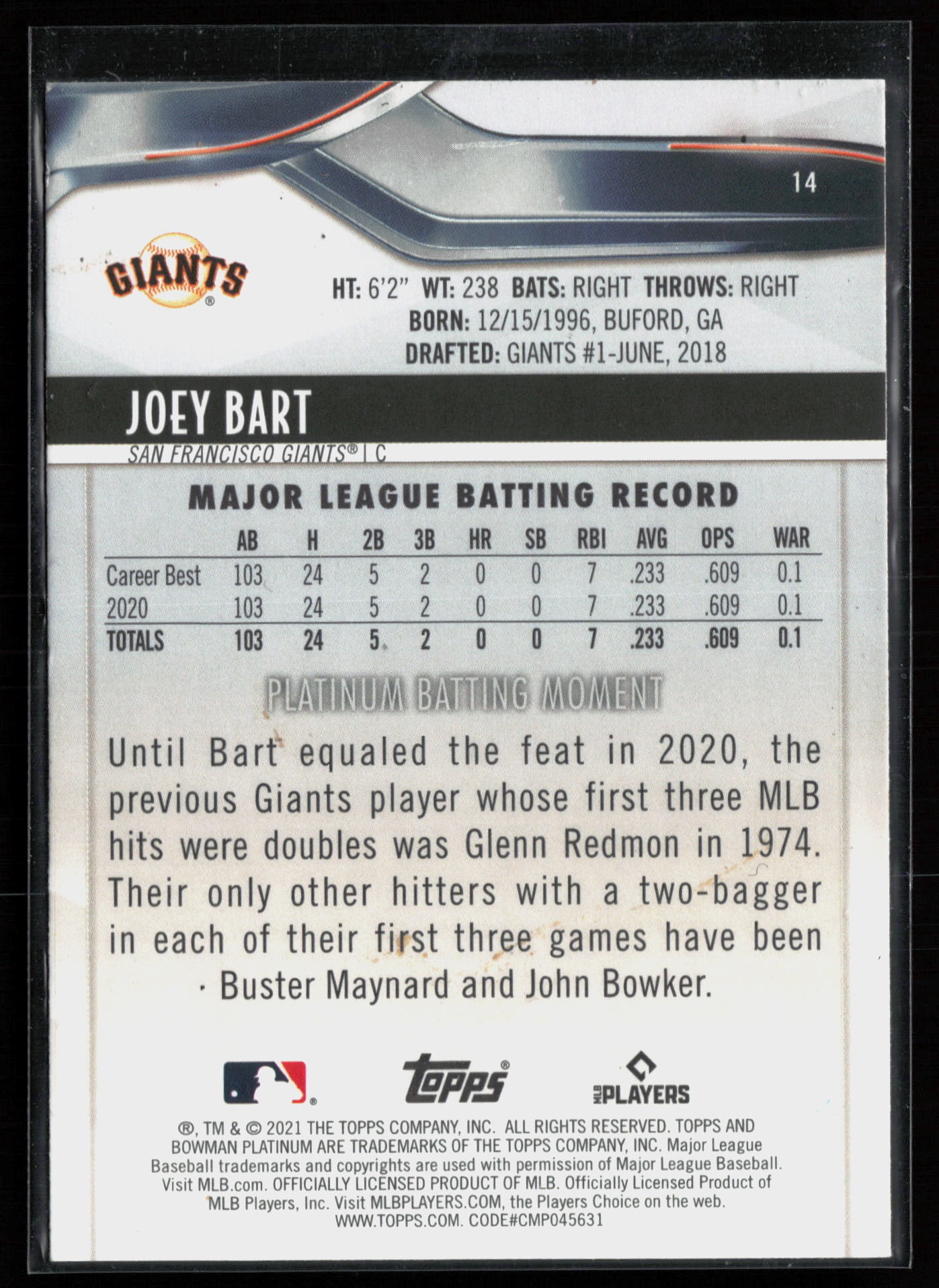2021 2021 Bowman Platinum Joey Bart Baseball card — Back thumbnail