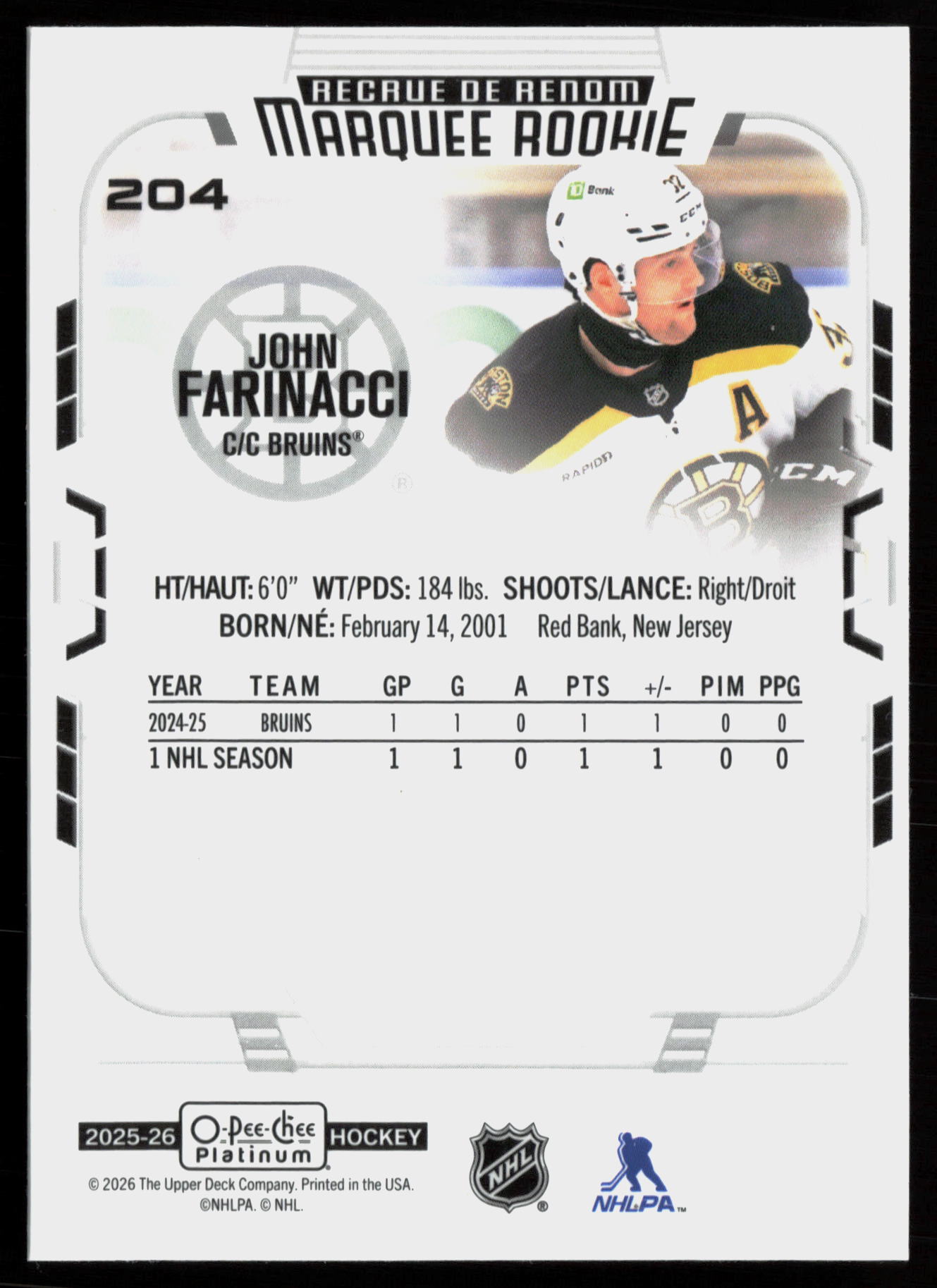 2025 2025-26 O-Pee-Chee Platinum John Farinacci Hockey card — Back thumbnail