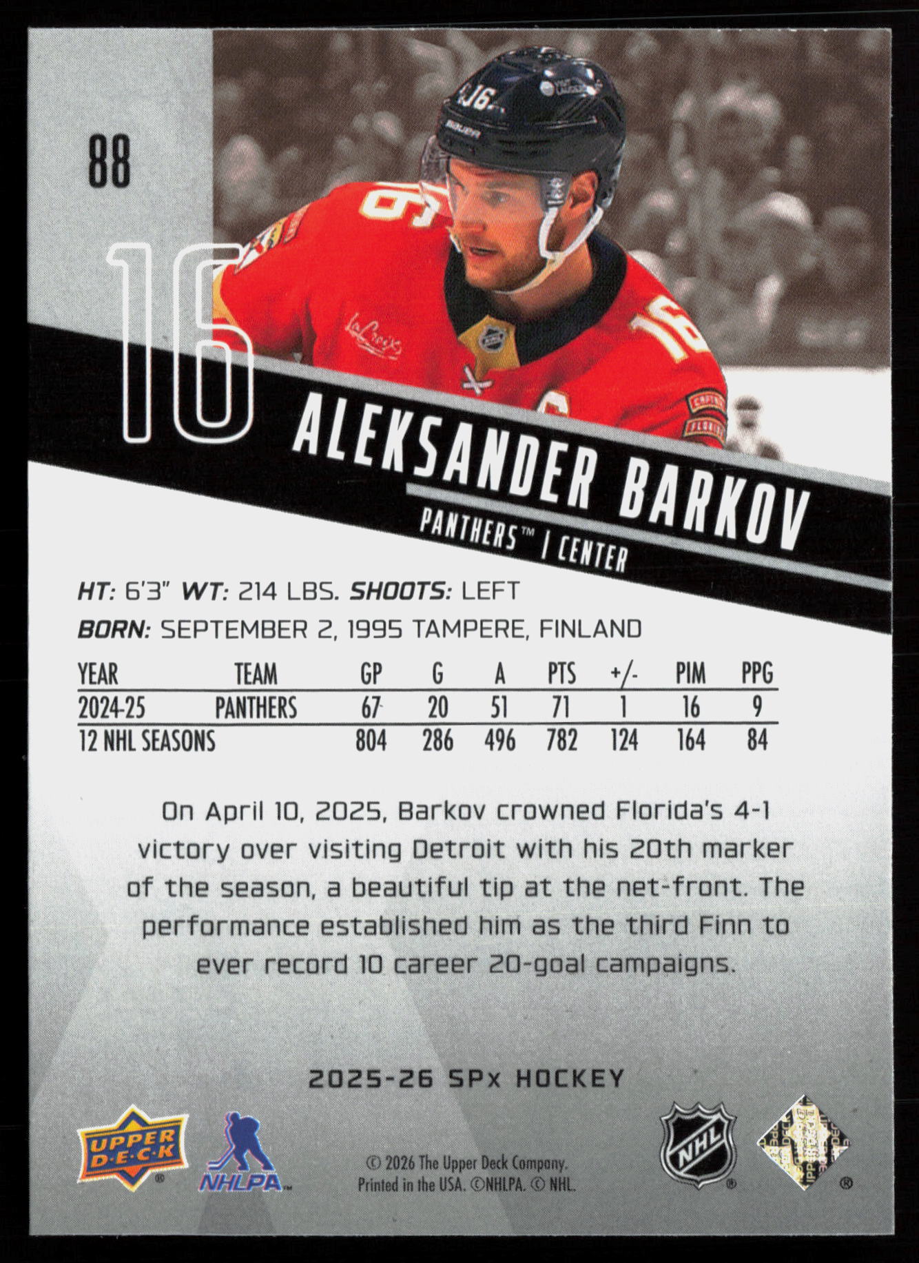 2025 2025-26 SPx Aleksander Barkov Hockey card — Back thumbnail