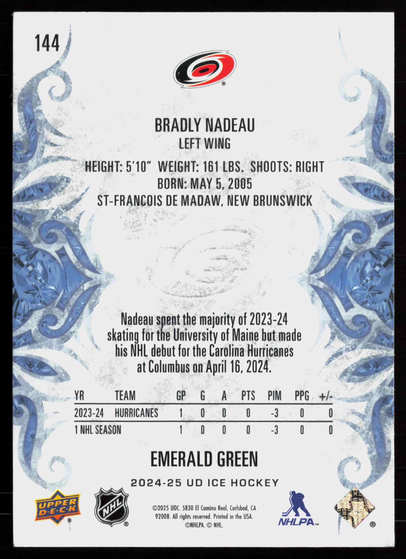 2024 2024-25 Upper Deck Ice Bradly Nadeau Hockey card — Back thumbnail
