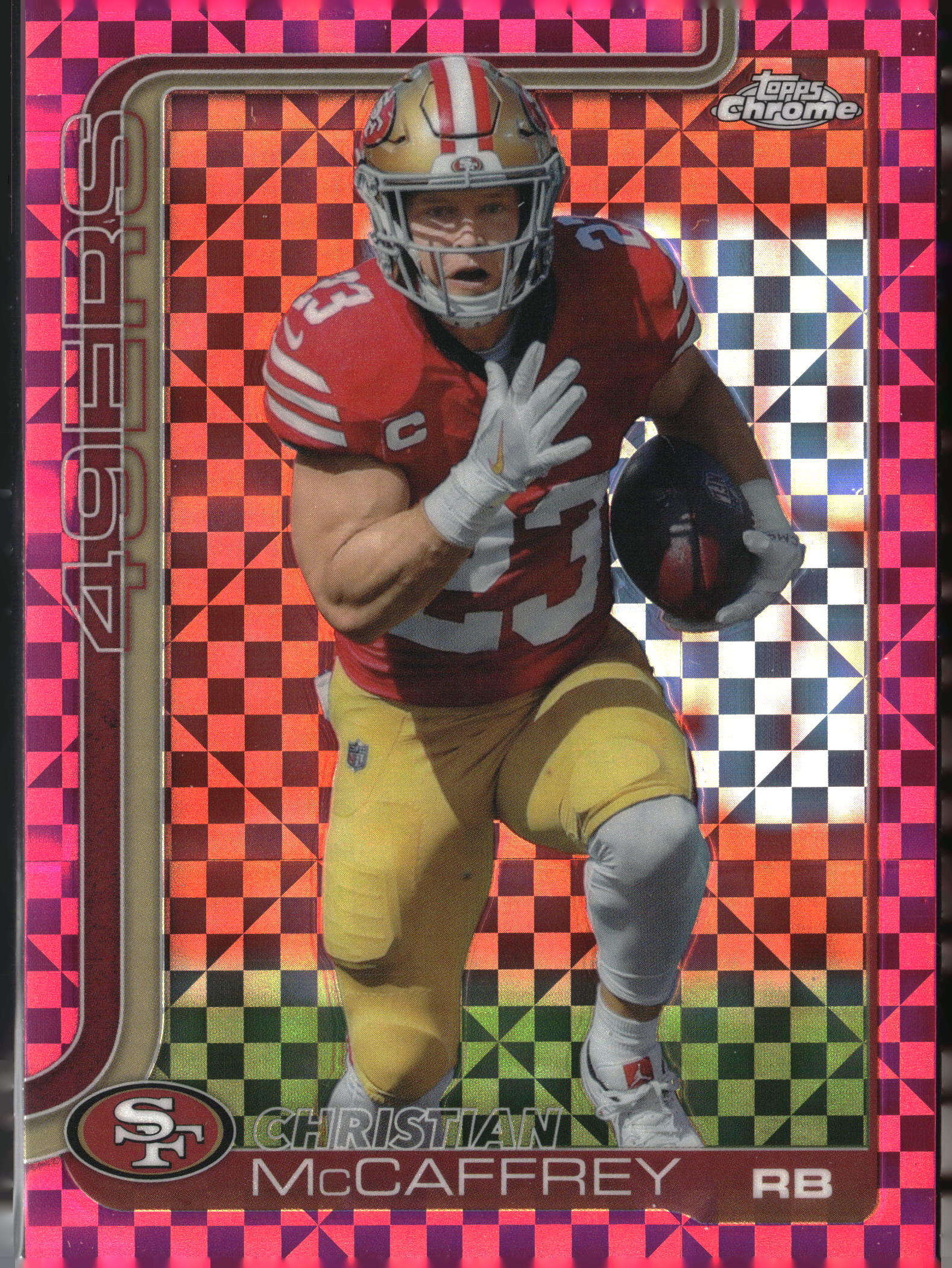 2025 Topps Chrome #263 Christian McCaffrey Hot Pink X-Fractor