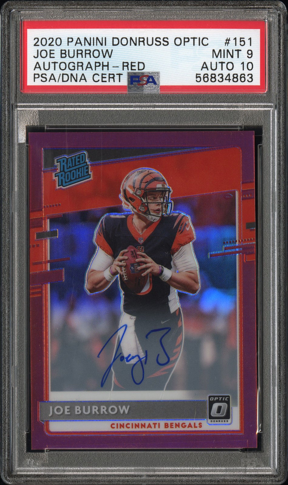 Joe Burrow Rookie 2020 Donruss Optic #151 Rated Rookies Red Auto 10 PSA 9 #/50
